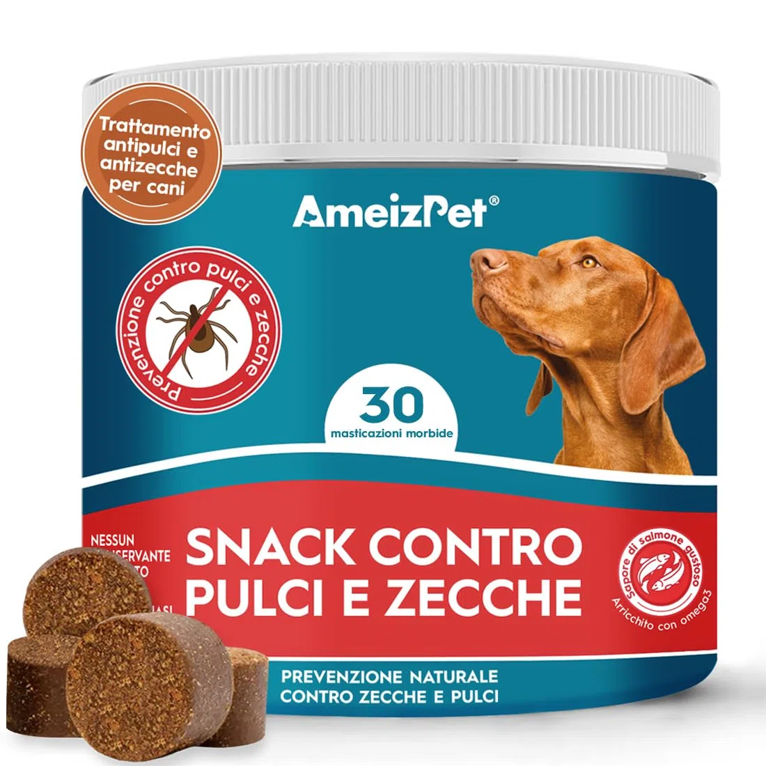 AmeizPet Pastiglie Per Cani Antipulci E Zecche, Antipulci Per Cani, Compresse Masticabili Contro Le Pulci, Cuccioli E Cani Adulti, 30 Dolcetti, 67.5g (2.3 Oz)