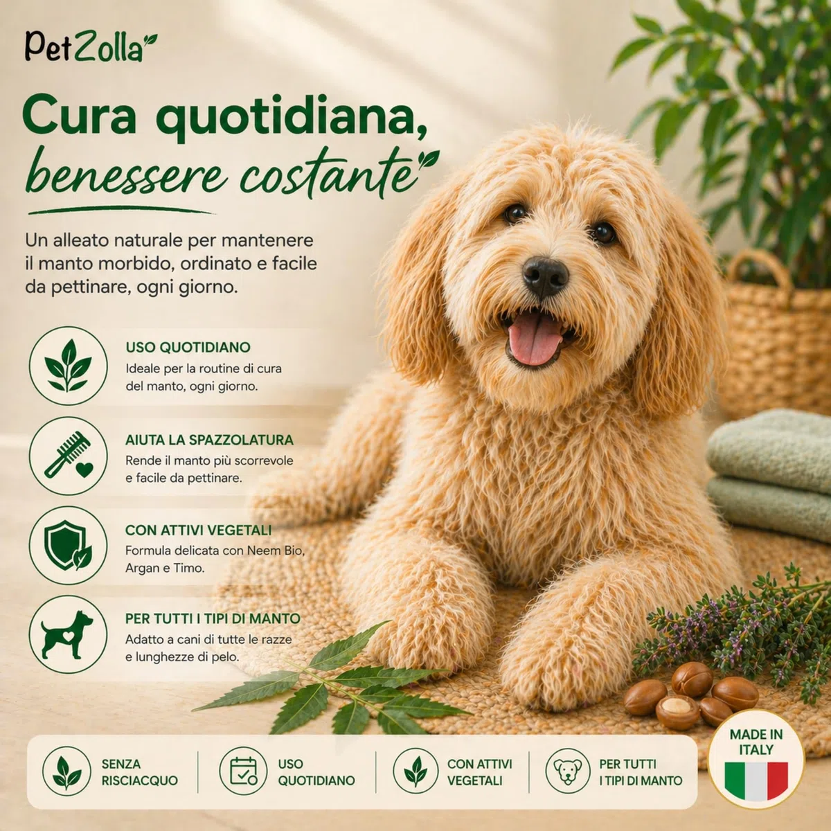 Spray districante sciogli nodi pelo cane 300 ml, Districante Pelo Cane con Olio di Neem Bio, Argan e Timo, protegge nutre ed igienizza, delicato ed efficacie, Made in Italy