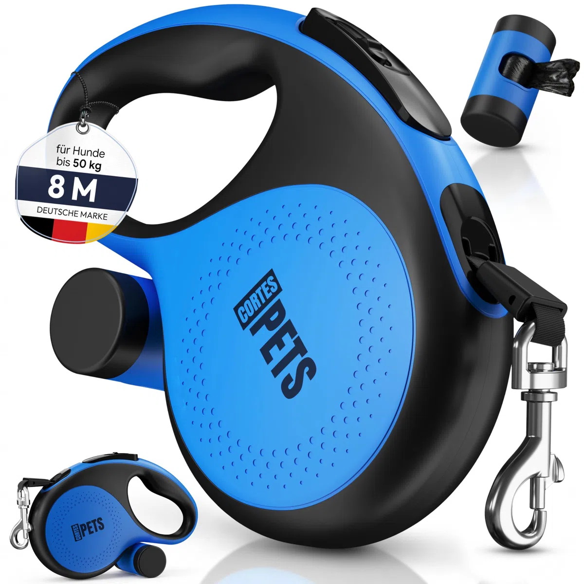 Guinzaglio per cani allungabile Retrattile 8m, con sacchetto per escrementi per canii fino a 50 kg, ideale per cani di taglia grande, media e piccola. (Blu, XL - 8m - fino a 50 kg)