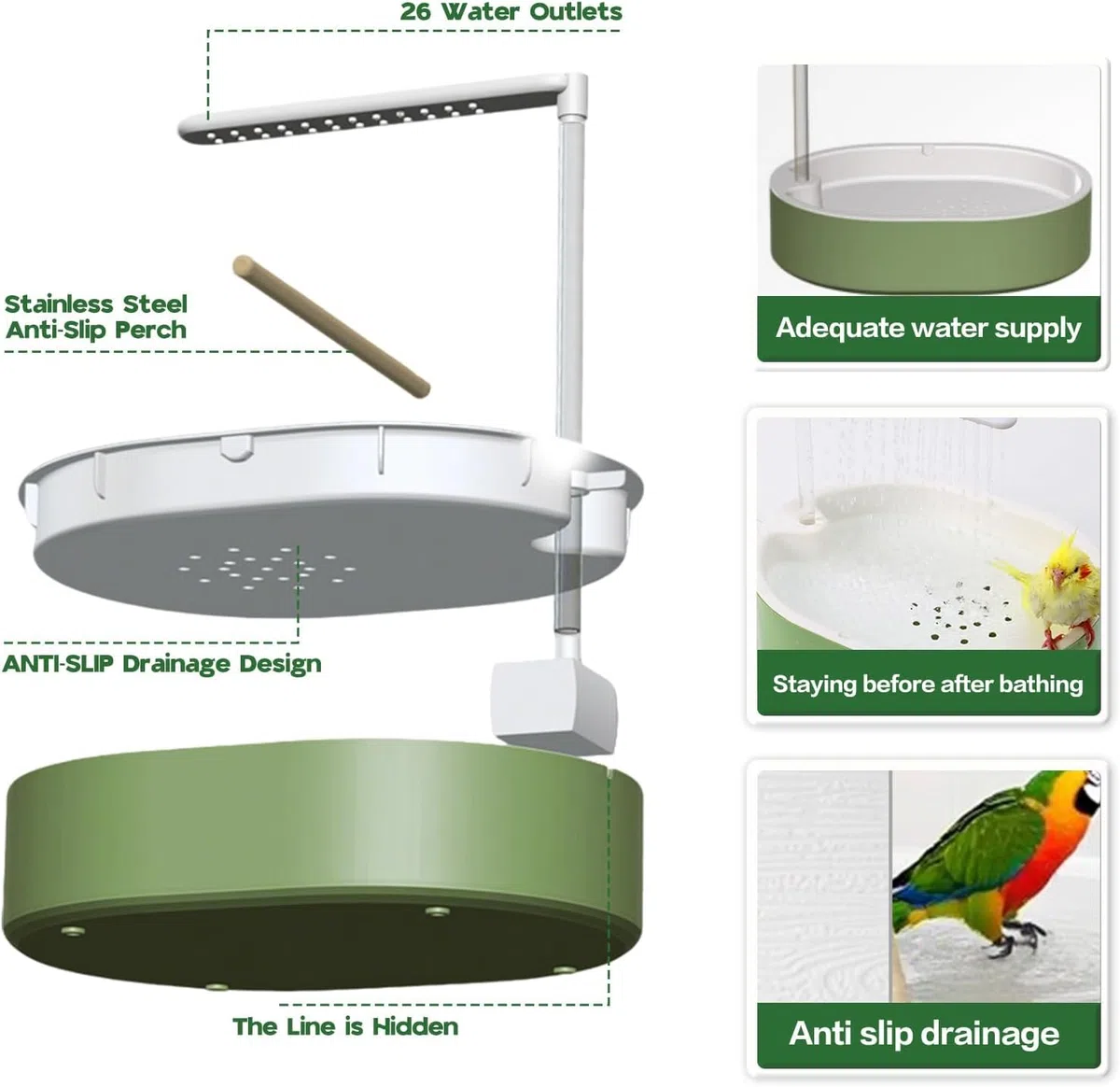 Doccia per Uccelli, Vasca da Bagno Automatica con Pompa USB e Acqua a Circolazione, Bagnetto per Gabbia con Multigetti per Cocorite, Calopsiti e Piccoli Pappagalli, Verde