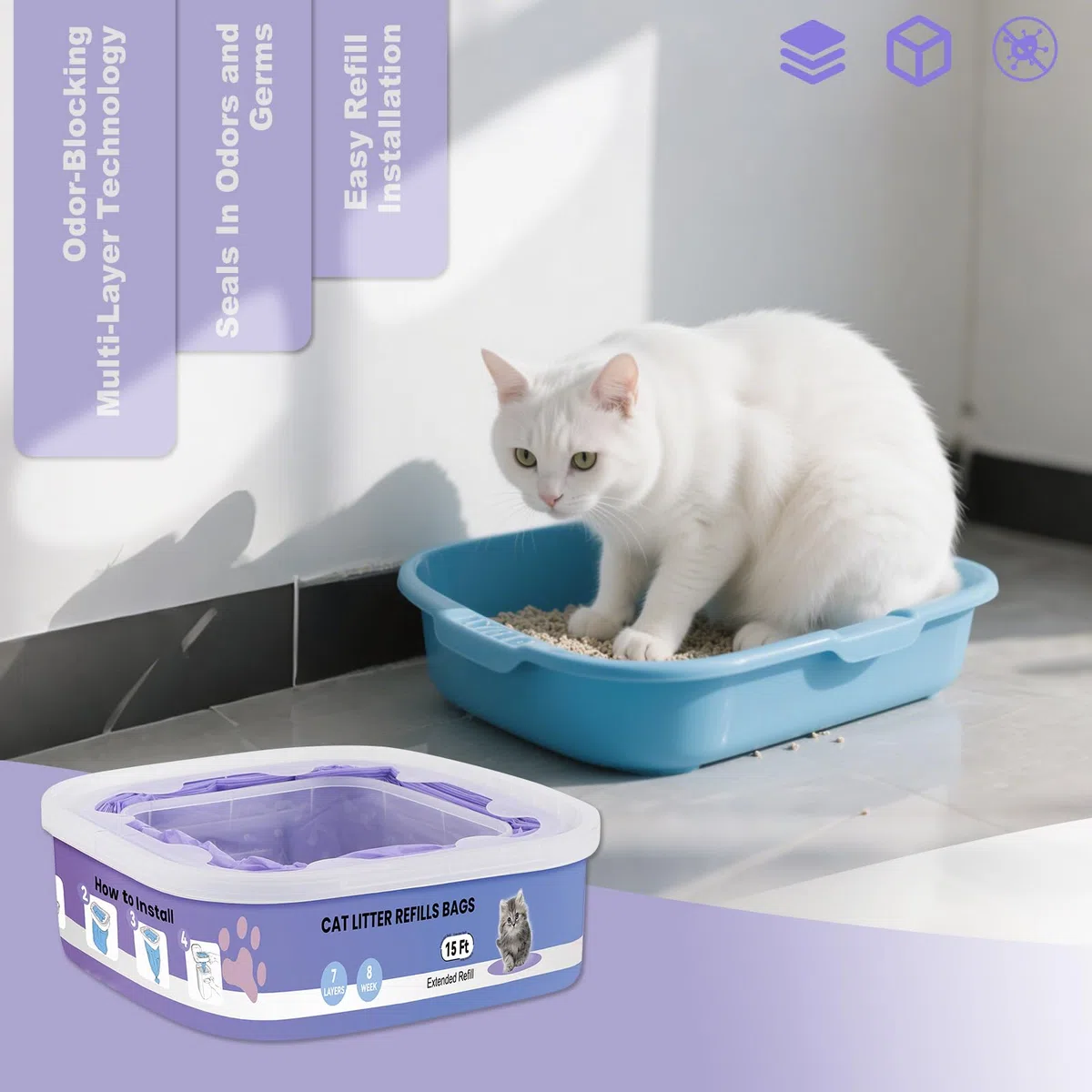 10 ricariche per lettiera,compatibili con i modelli Litter Genie Standard,Plus,XL e Style,Sacchetti di ricambio per lettiera per gatti,con potente azione deodorante, colore viola
