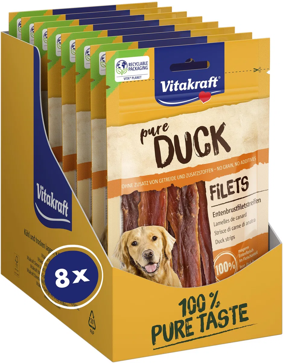 Vitakraft Pure Duck Filet, snack cane, strisce di petto d'anatra, snack per l’addestramento del cane, senza zuccheri aggiunti (8x 80g)