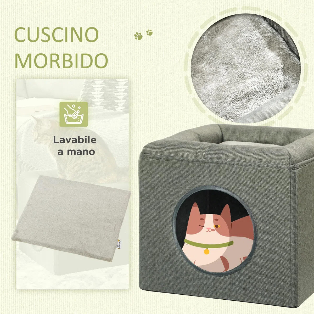 PawHut Casetta per Gatti a 2 Livelli con Cuscino in Peluche e Apertura Frontale, Cuccia per Gatti in MDF, Poliestere e Plastica, 36.5x36.5x33 cm, Verde