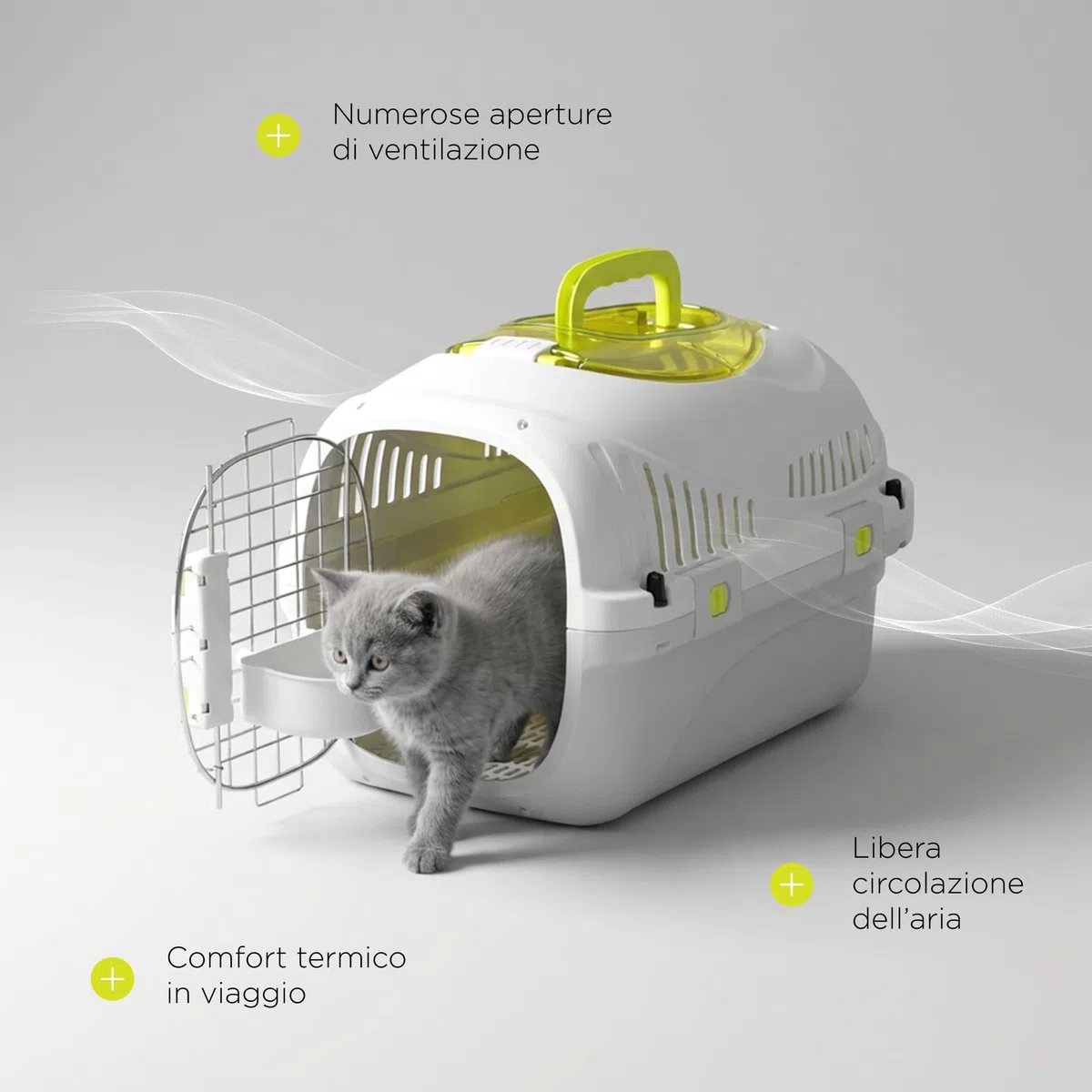 SAFY Trasportino Rigido per Gatti e Cani fino a 5 kg per Auto, Ventilato, Facile da Pulire, con Apertura Superiore per Controllo, Maniglia, Porta in Metallo con Doppia Sicura e Ciotola Inclusa