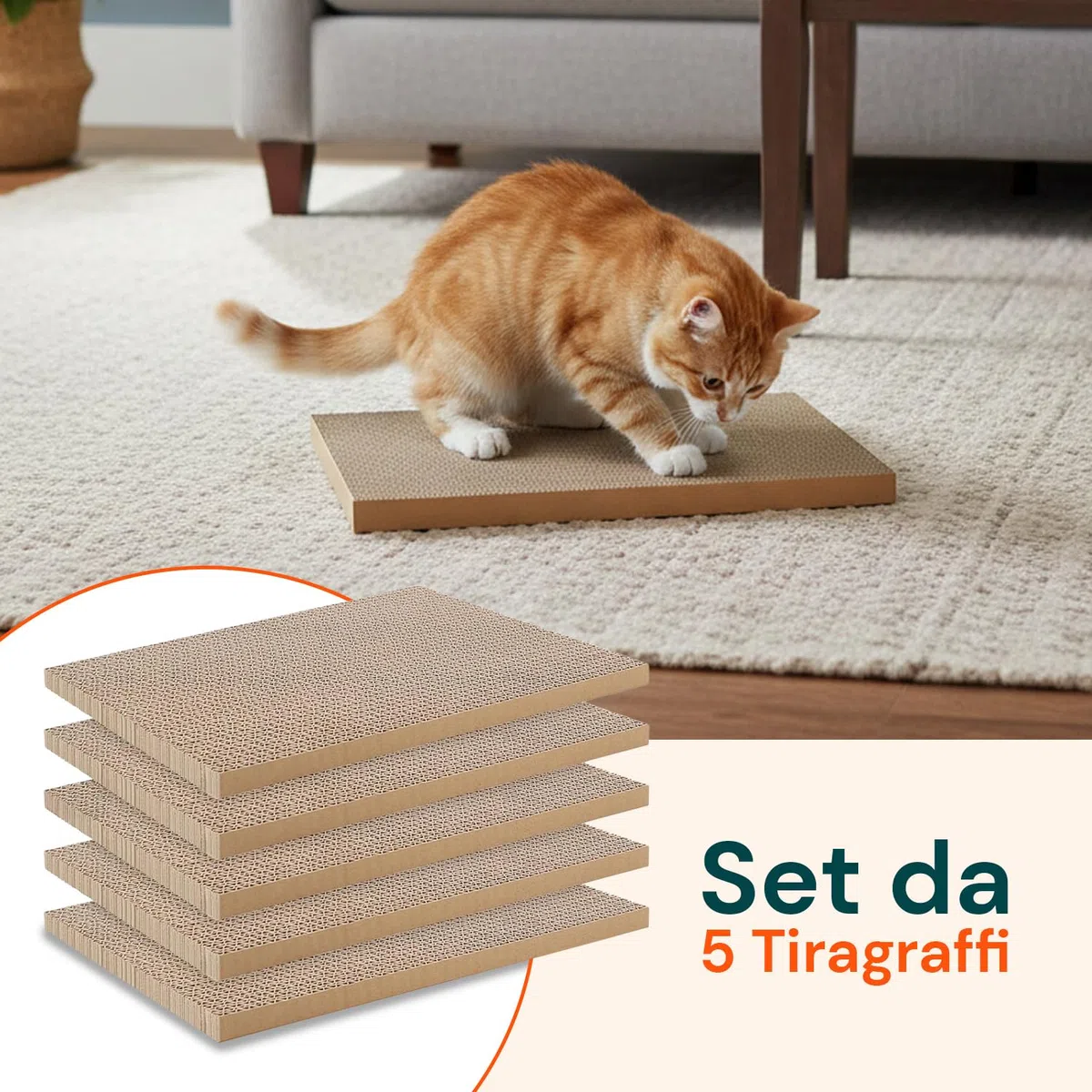 Avilia - Tiragraffi per Gatti Set 5 Pz – Tiragraffi Cartone Ondulato Bifacciale Ultra-Compresso, Graffiatoio per Gatti Protezione Divano, Tiragraffi Cartone per Gatti 3 in 1 Atossico Riciclato