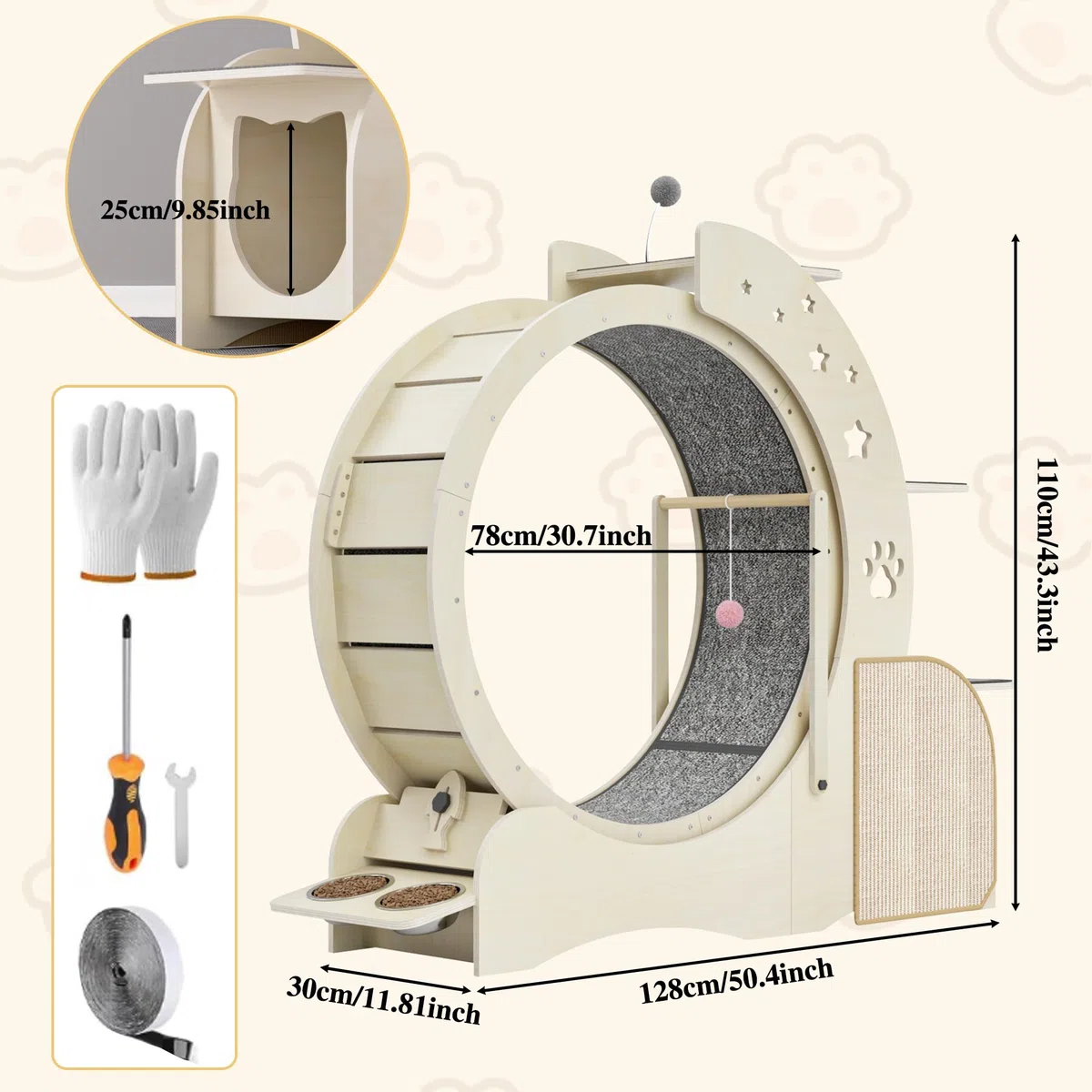 Ruota per Gatti 5 in 1 in Legno Multifunzionale Bloccabile Ruota per Esercizi per Gatti Tiragraffi a Scaletta per Gatti a 3 Livelli con 2 Ciotole Giocattoli Interattivi per Gatti
