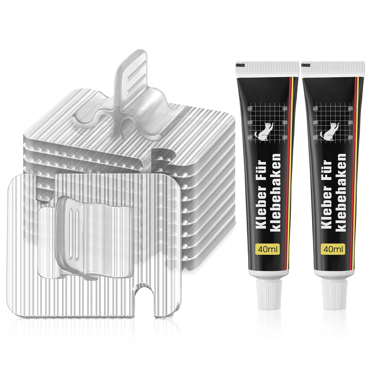 Enhon 50 Pezzi Ganci Adesivi per Zanzariera per Gatti per Balcone con 2 Pezzi 40ml Adesivo di Montaggio Extra Forte, Pc Trasparente, Resistente Ai Raggi UV, per Gatti per Balcone Senza Forare