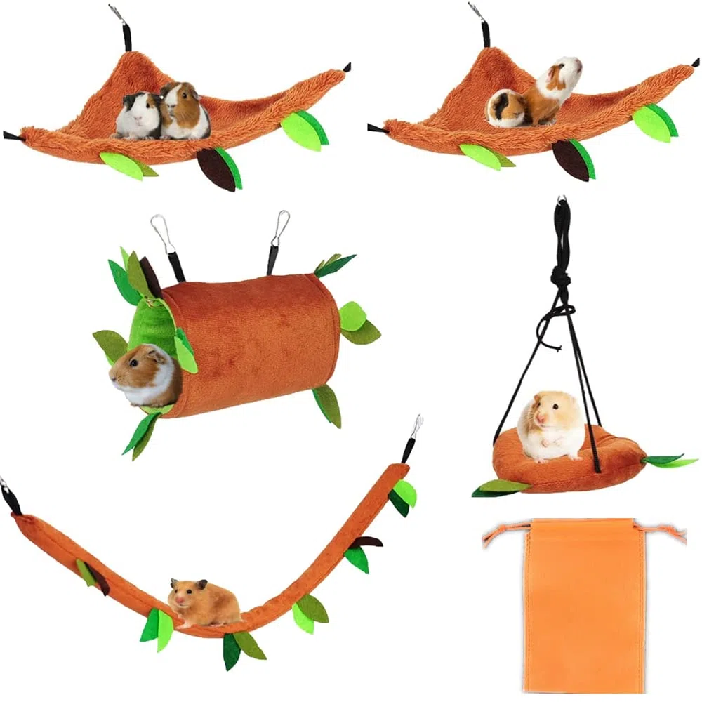5 Pcs Accessori per Gabbia di Criceti, Porcellini d'India e Furetti - Giocattoli, Amaca e Letto per Piccoli Animali
