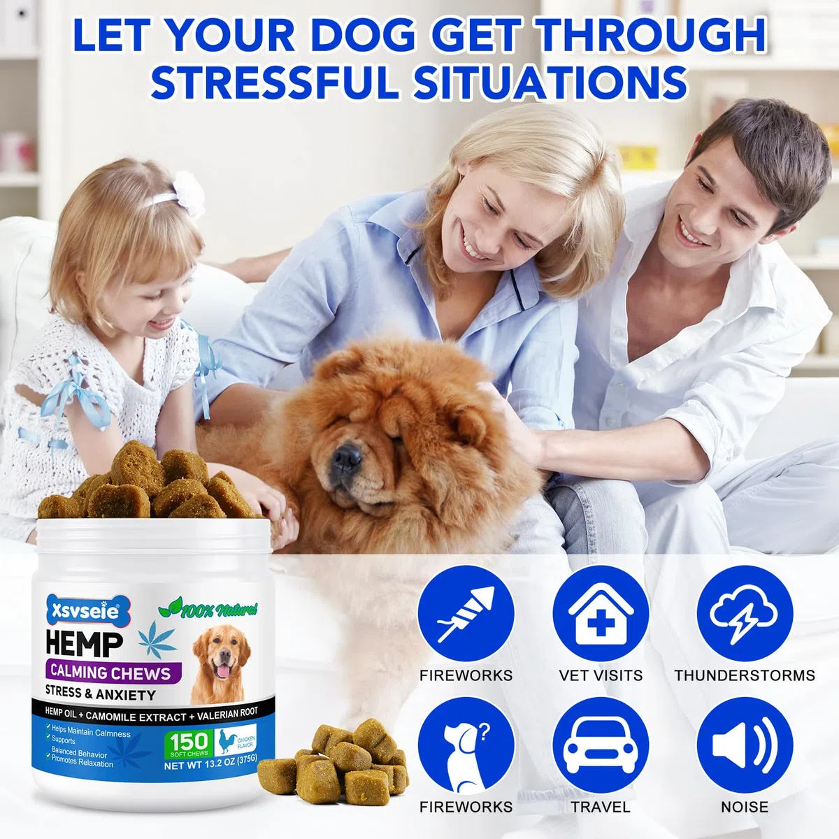 Hemp Calming Chews for Dogs,150PCS Calming Chew per Cani, Dog Calming Snacks, Promuovere Il Rilassamento, Ridurre Lo Stress, Ansia Tempesta, Naturale Sano - Odore di pollo