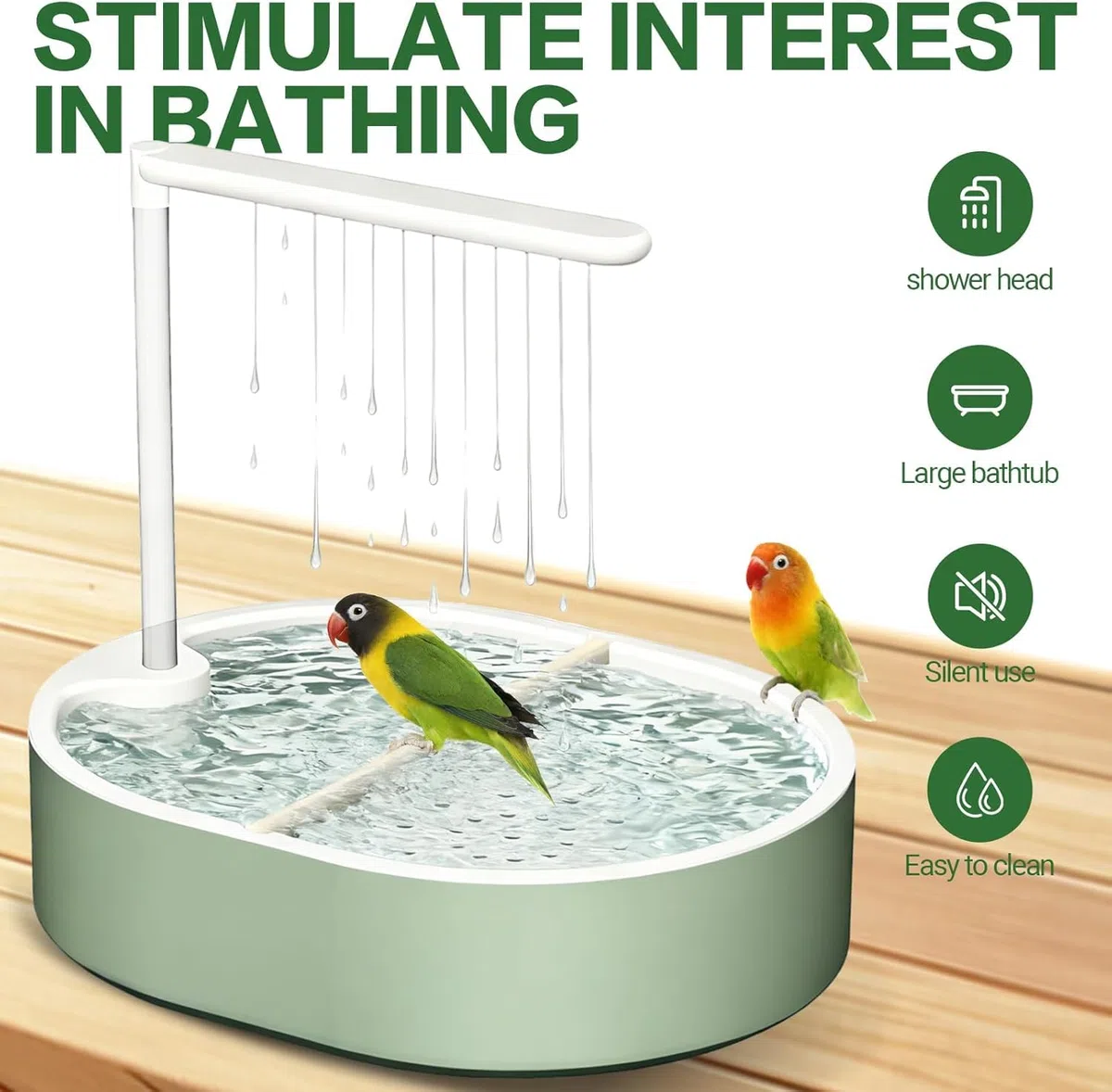 Doccia per Uccelli, Vasca da Bagno Automatica con Pompa USB e Acqua a Circolazione, Bagnetto per Gabbia con Multigetti per Cocorite, Calopsiti e Piccoli Pappagalli, Verde