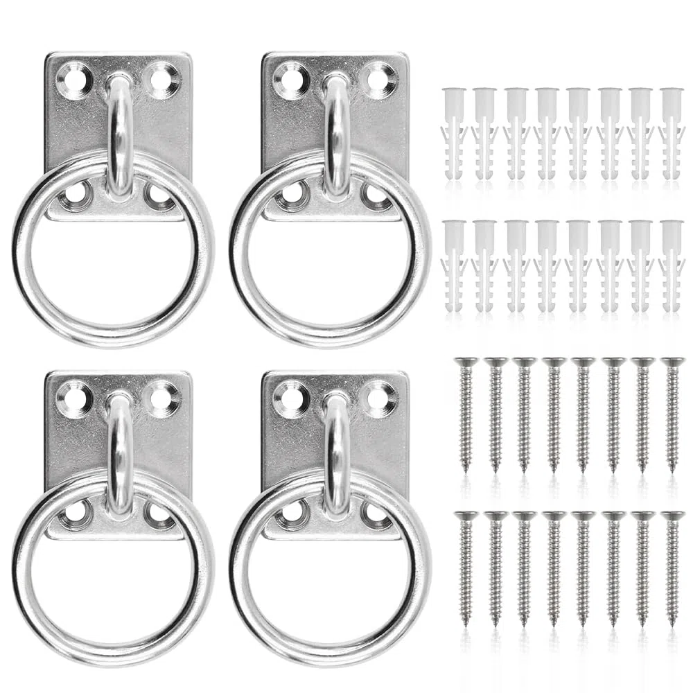 4 anelli per cravatta su piastra 50 mm x 50 mm, anello resistente per reti per fieno per cavalli, per legare animali, raccordi per corda per terrazze, piastra con occhielli con viti per