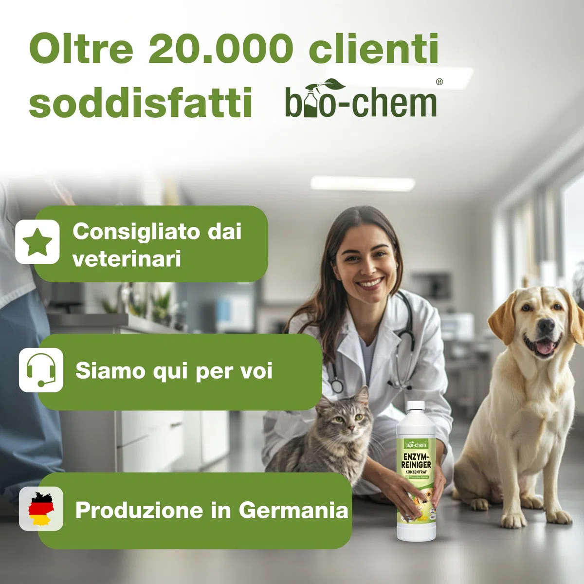 Bio-Chem - Detergente enzimatico concentrato 1L + flacone di miscelazione - Combatte gli odori ostinati e le macchie - Azione probiotica naturale per tappeti, tessuti e superfici