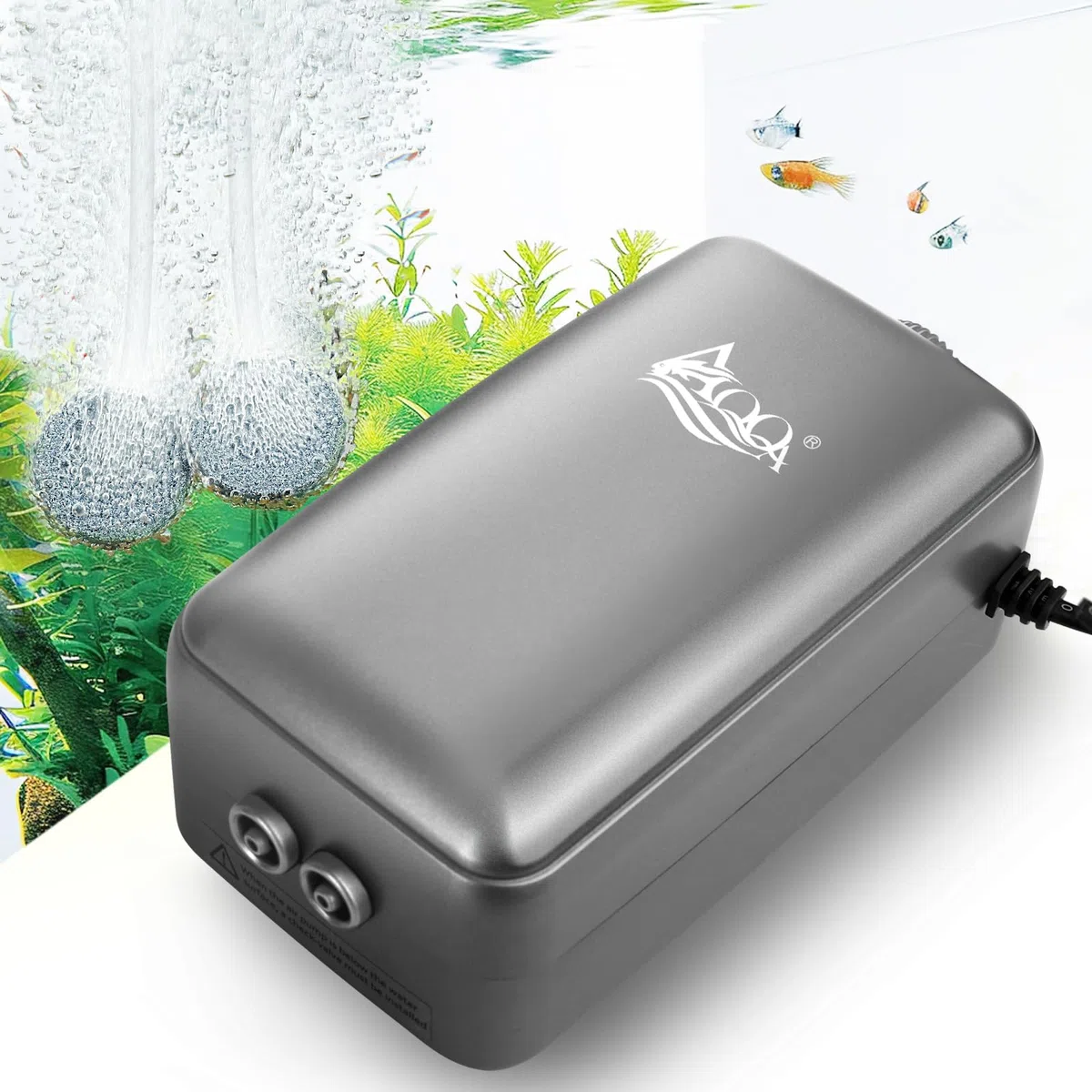 AQQA Ossigenatore per Acquario, ≤ 35dB Ultra-silenziosa Aeratore Acquario, 6W Pompa Aria per Acquario con Tutti Gli Accessori per Acquari da 10-380 Litri di Pesci