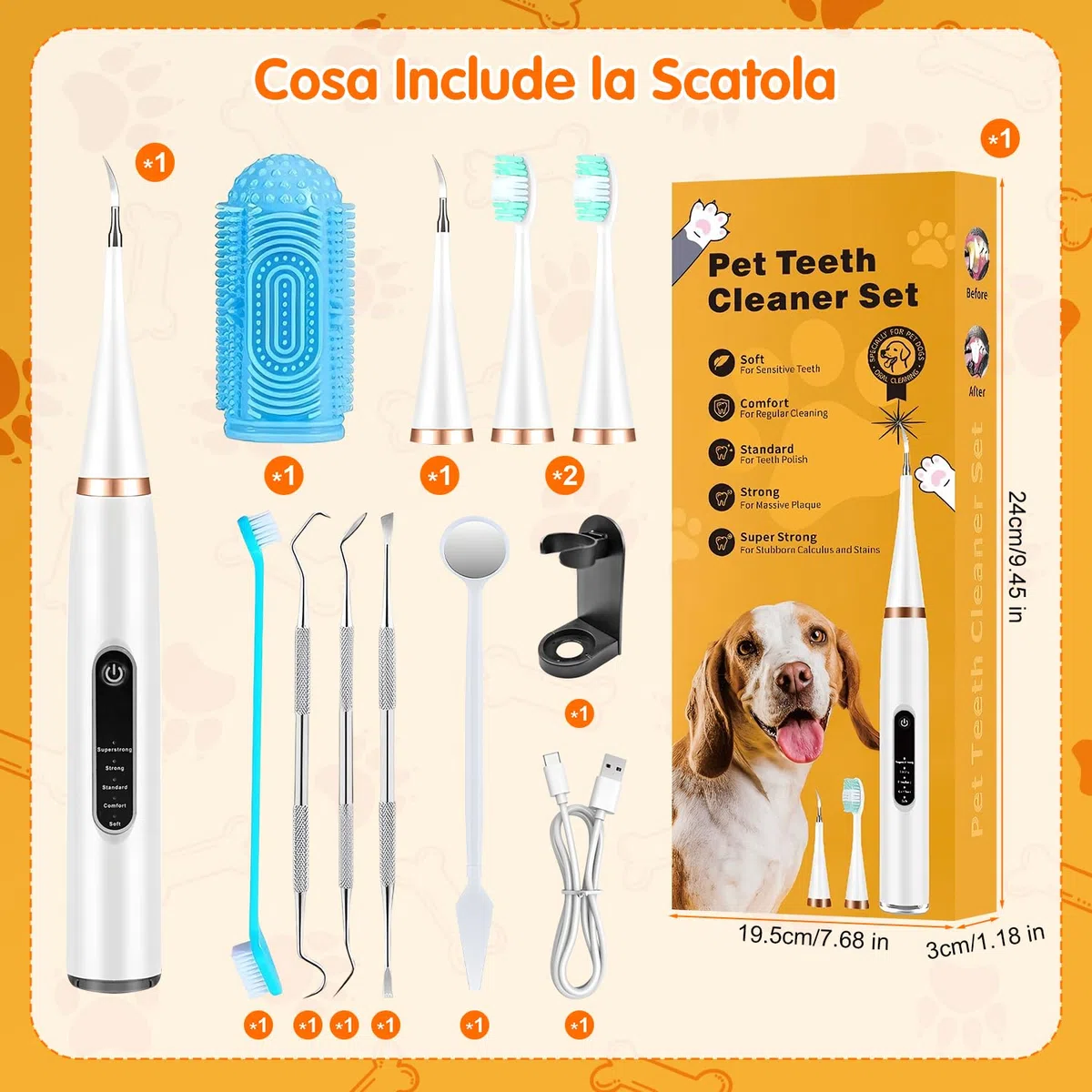 Rimuovi Tartaro Denti Del Tuo Cane, Pulizia Denti Cane, Spazzolino Ultrasuoni Cane, Kit Per L'igiene Dentale Degli Animali Domestici Da 12 Pezzi, 5 Modalità Di Pulizia, Elimina L'accumulo Di Tartaro