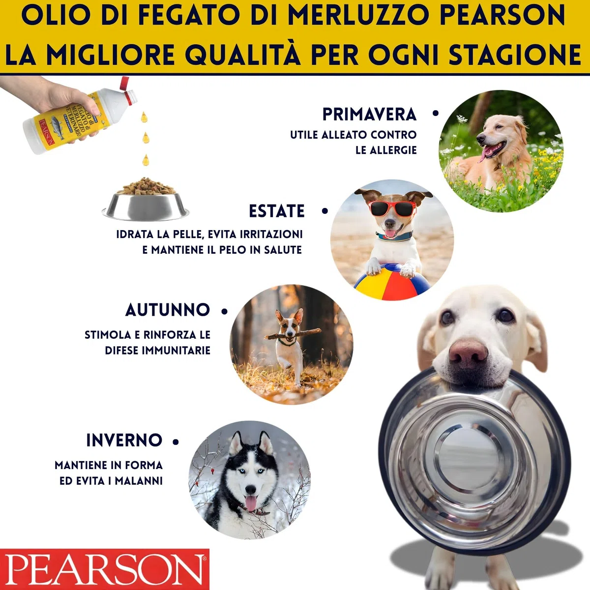 Pearson Purissimo Olio di Fegato Di Merluzzo Veterinario per Cani, Gatti, Cavalli e altri animali. Pelo lucido e Sano, Fonte di Vitamine e Omega3. (1000 ML)