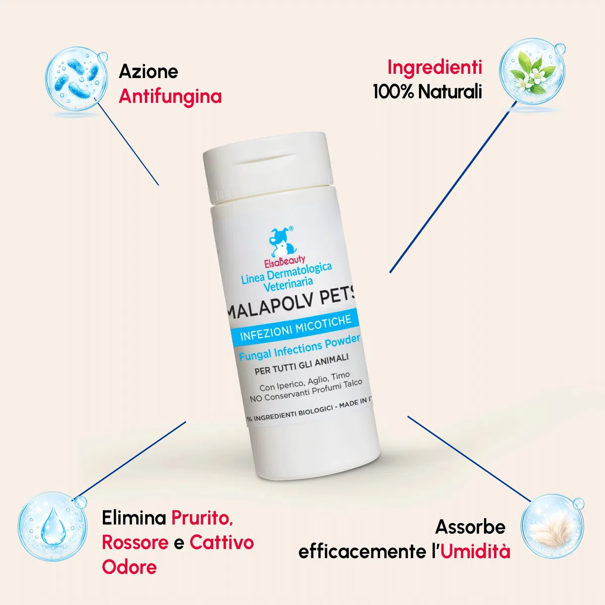 Malapolv Pets Polvere Antifungina Naturale per Cani e Gatti, Malassezia e Micosi Cutanee, 40 g