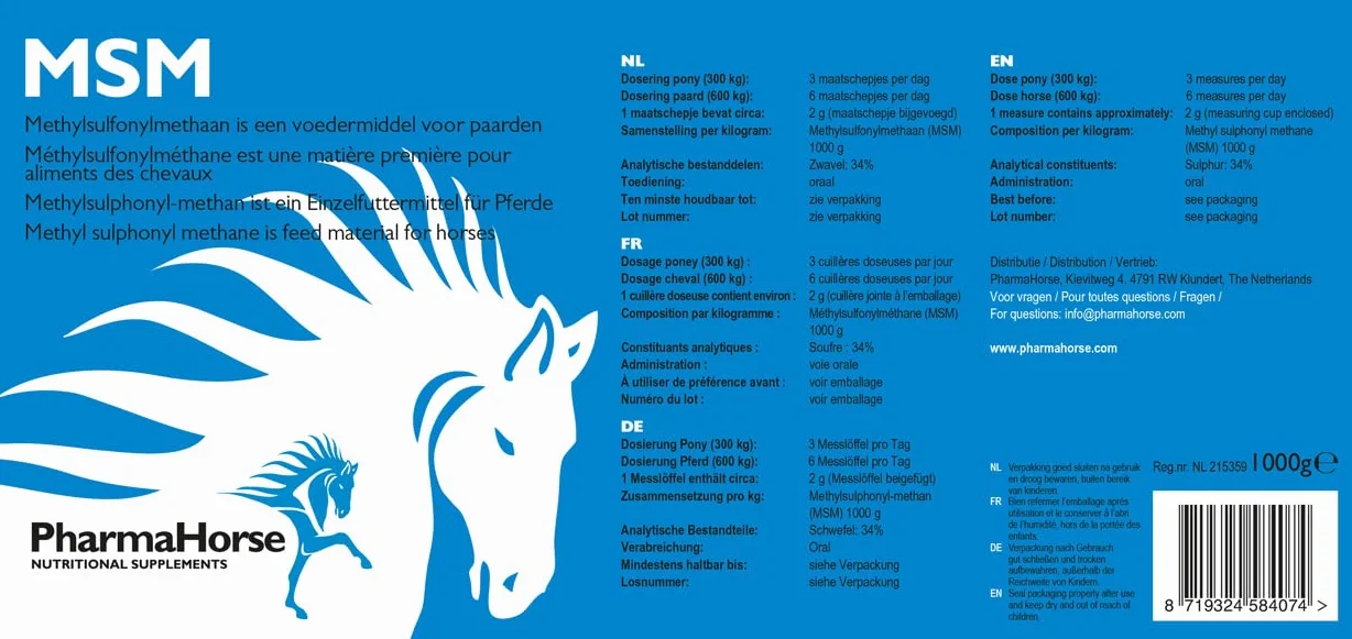 PharmaHorse MSM | qualità per Uso Umano | 100% Senza zuccheri aggiunti | Alto dosaggio | 100% Privo di doping | 1000 Grammi