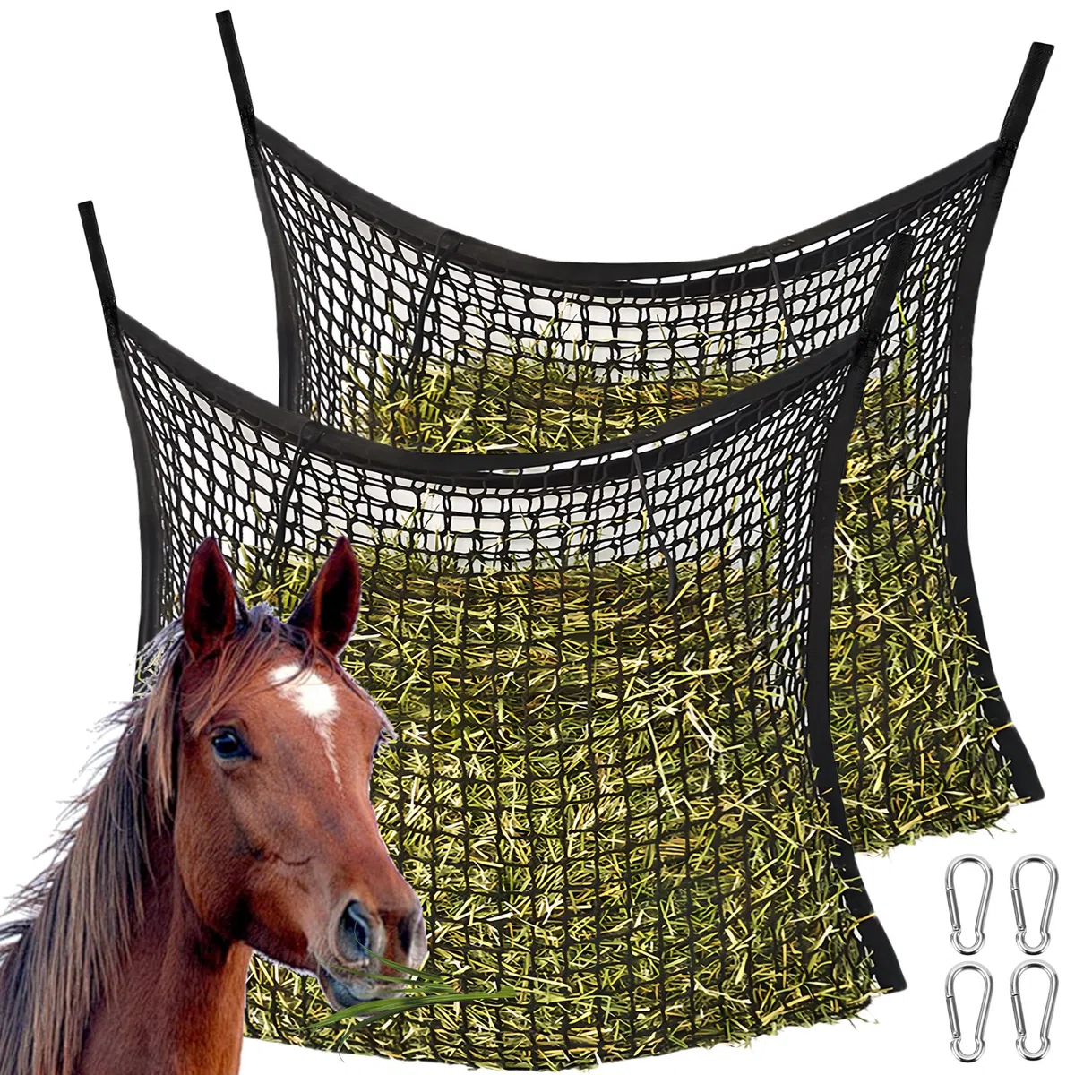 BAIFULAI 2 reti da fieno per cavalli, 60 x 90 cm, per cavalli, rete da fieno a maglia stretta, capacità 8 kg, rete da fieno con 4 moschettoni, Heusack, borsa da fieno, borsa da fieno, colore: nero