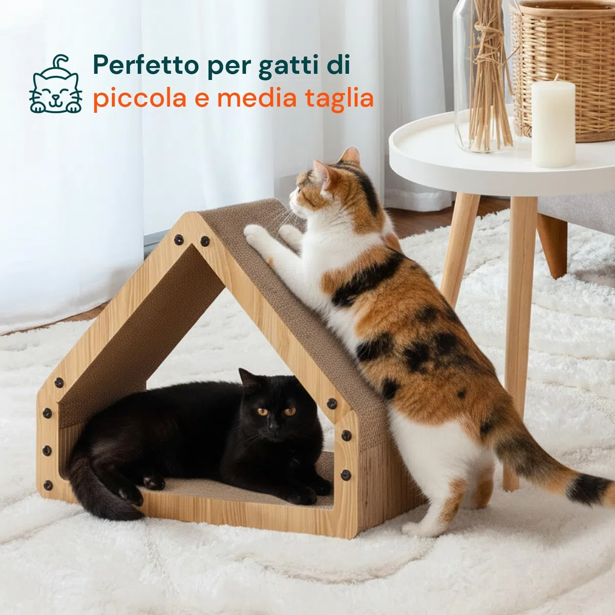 Avilia Tiragraffi per Gatti Casetta in Legno con Rifugio Interno - Graffiatoio e Cuccia 2-in-1 in Cartone Ondulato, Design Salvaspazio 50x30x42 cm, Stabile fino a 10 kg