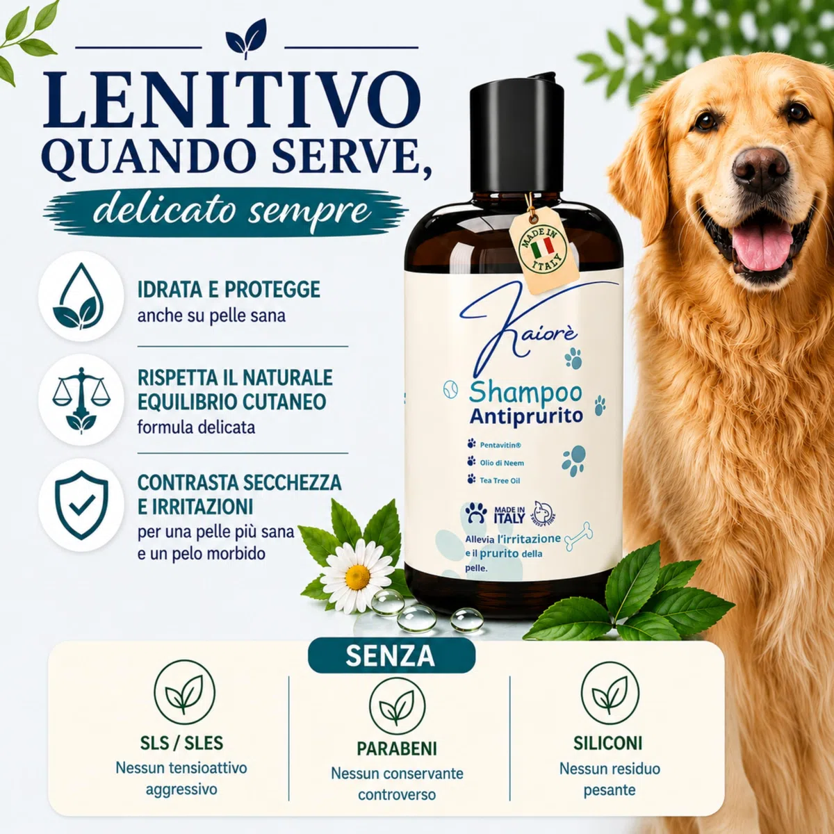 Kaiorè Shampoo Antiprurito per Cani, Adatto per dermatite, Sollievo Cute Sensibile e Irritata, con Olio di Neem, Tea Tree Oil e Pentavitin®, 250 ml