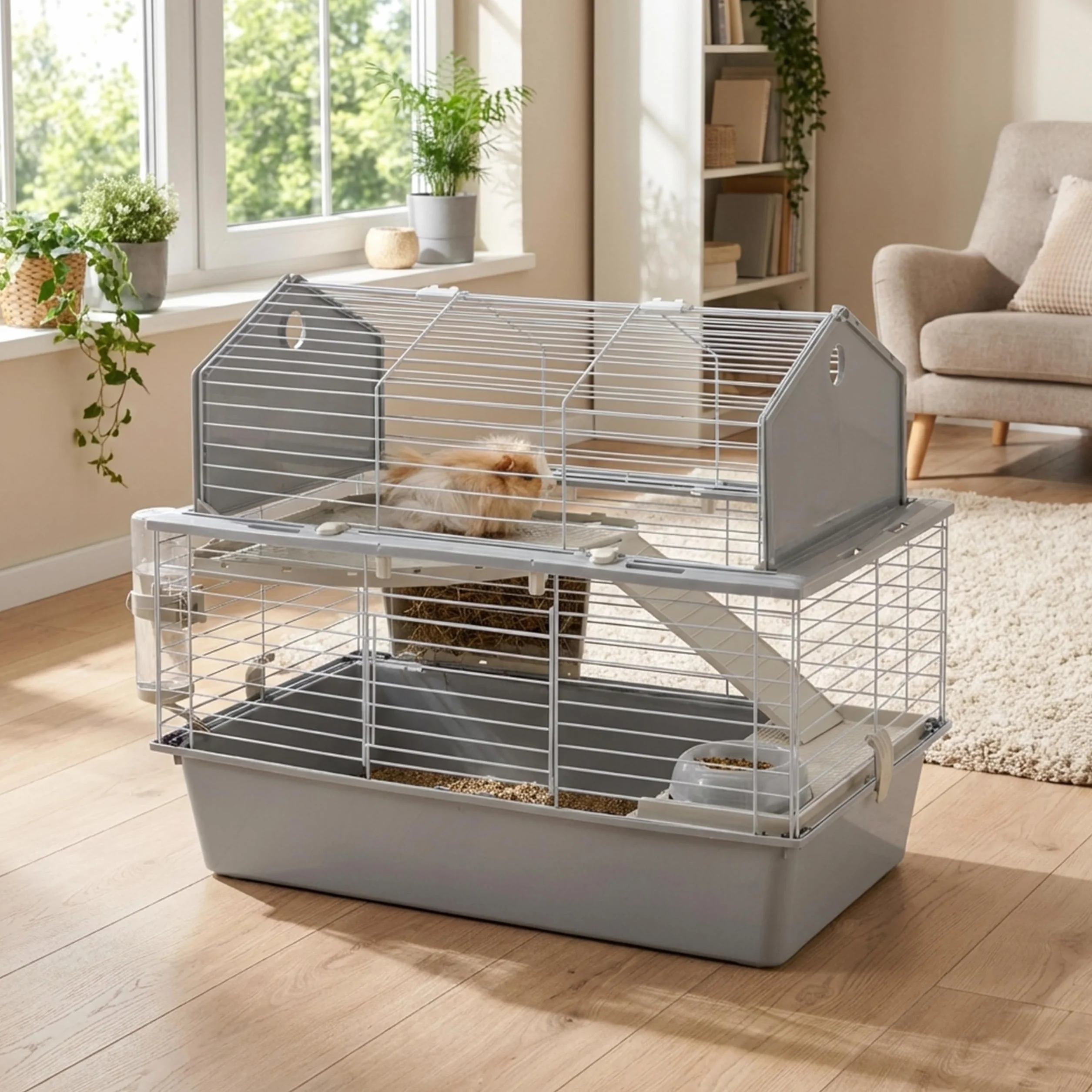 Ferplast Gabbia per Conigli Gabbia per Piccoli Animali BARN 80, 2 Piani, Tetto Apribile, Accessori Inclusi, 78 x 48 x h 65 cm.