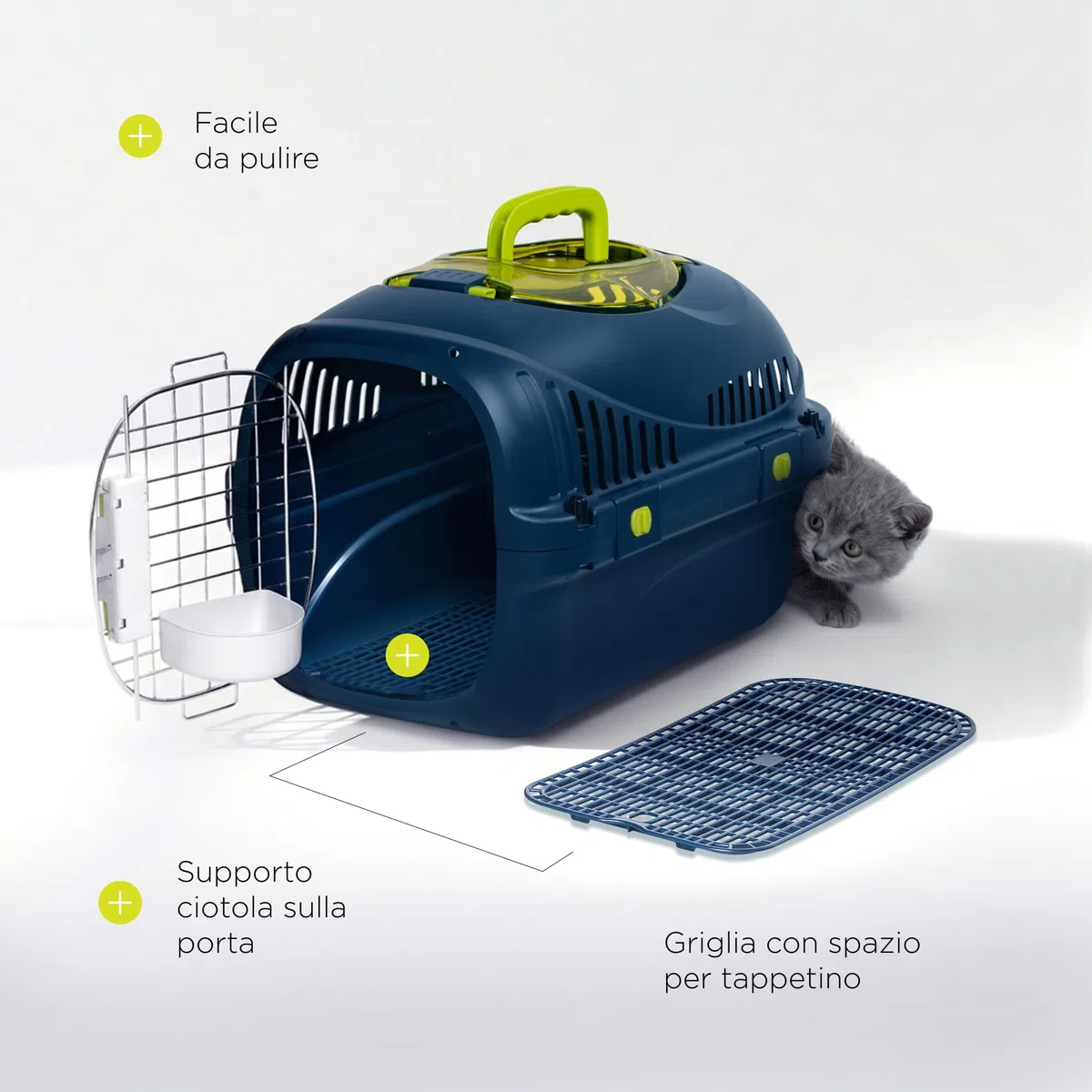 SAFY Trasportino Rigido per Gatti e Cani fino a 5 kg per Auto, Ventilato, Facile da Pulire, con Apertura Superiore per Controllo, Maniglia, Porta in Metallo con Doppia Sicura e Ciotola Inclusa