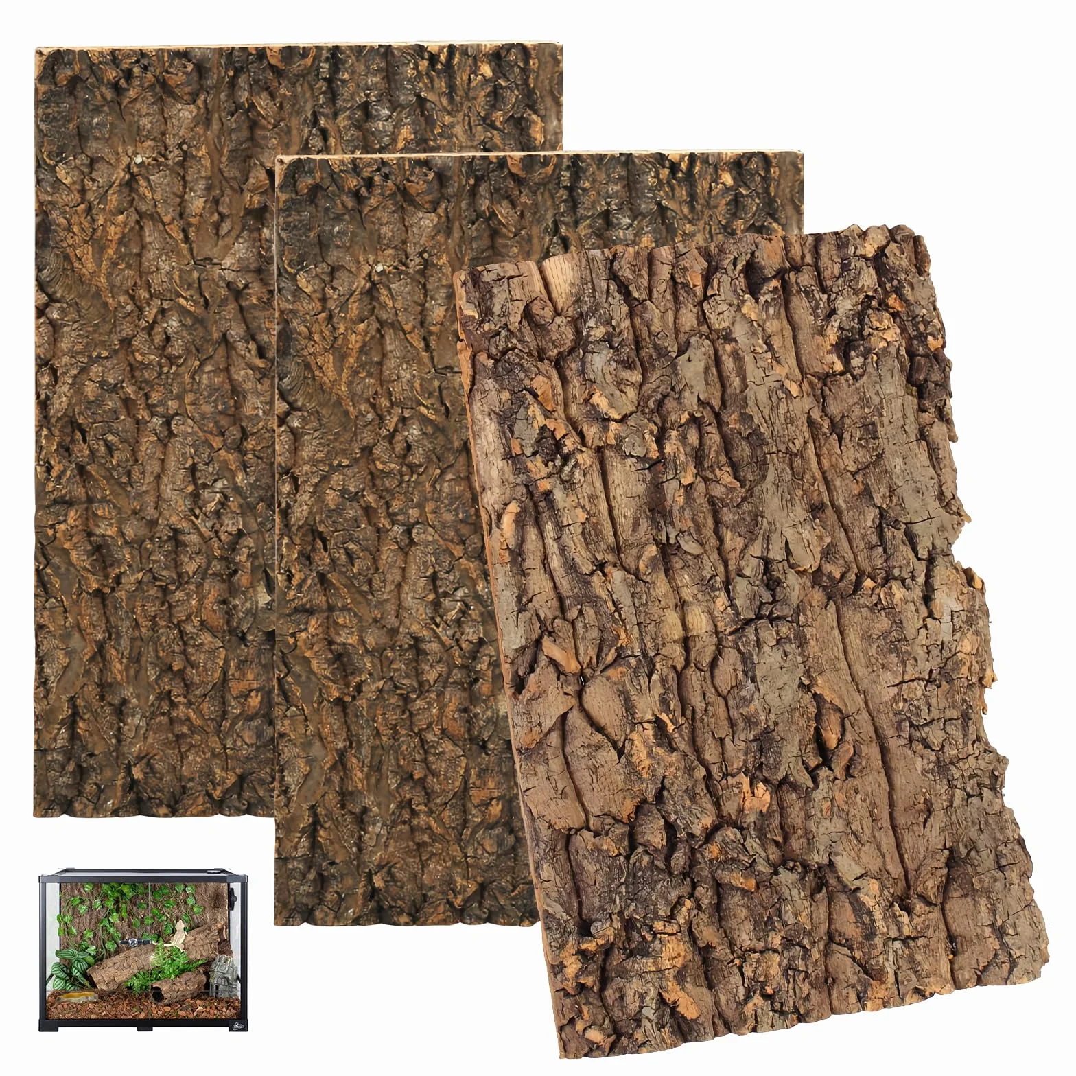 Sporgo Fondo in sughero per terrario: 3 pezzi con aspetto naturale di corteccia d'albero, tappetino da arrampicata per rettili, sfondo in corteccia d'albero per acquario, decorazione murale, per