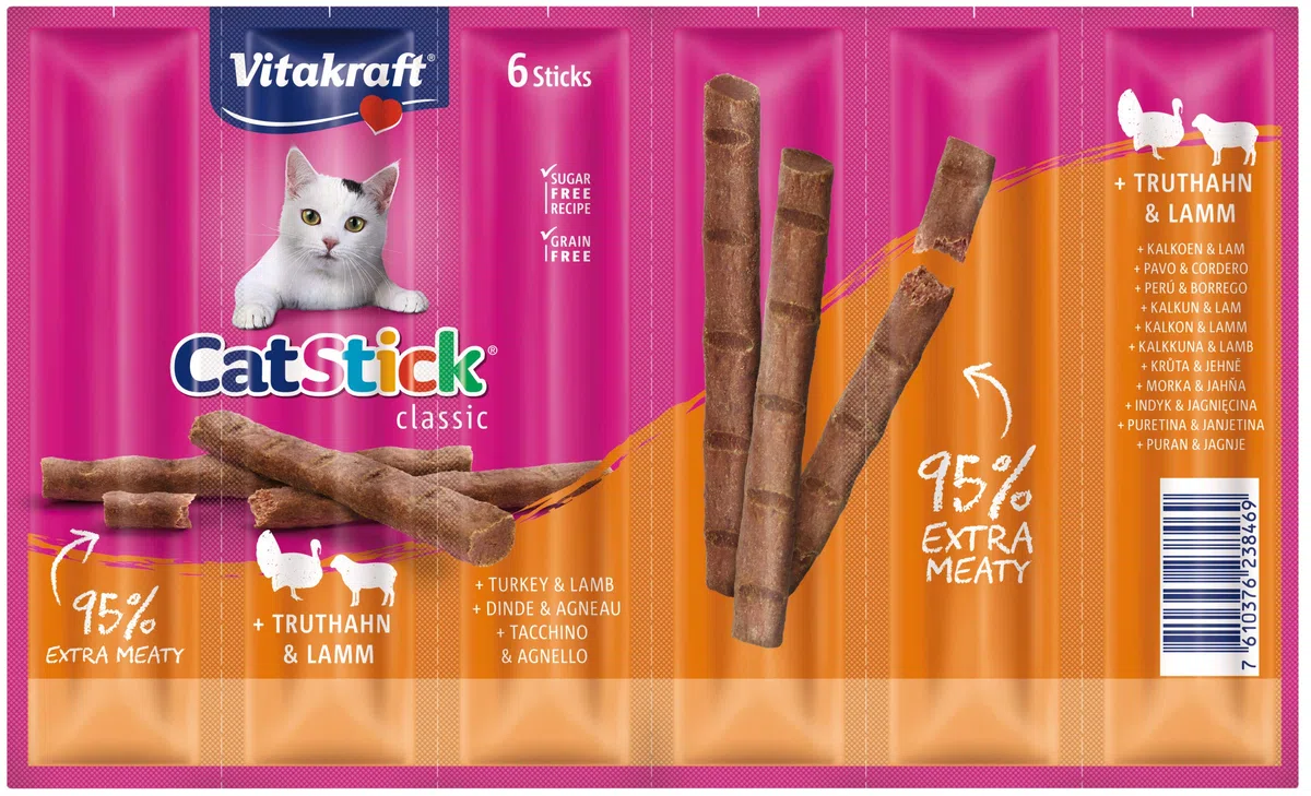 Vitakraft Cat Stick Classic - Mini bastoncini carnosi con tacchino e agnello, senza zuccheri aggiunti (1 x 6 pezzi)