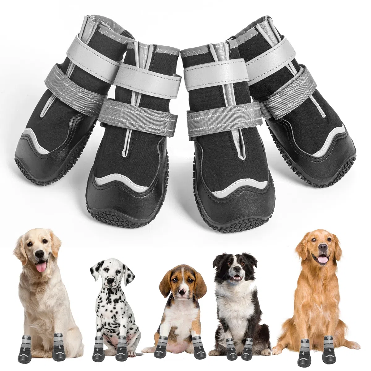 Ohcozzy Impermeabili Scarpette Cane, Stivali per Cani Antiscivolo con Cinturini Riflettenti, Resistenti All'usura, Suola in Gomma Protezione Zampe Cane per Piccoli Medi Grandi 4 Pezzi(XL,Nero)