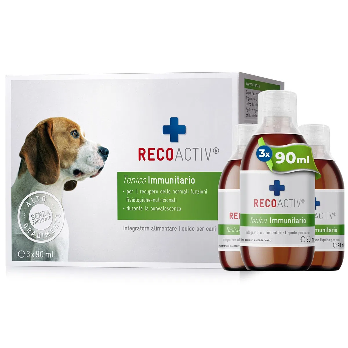 RECOACTIV Tonico Immunitario per cani, 3 x 90 ml, integratore alimentare per rafforzare il sistema immunitario, prevenire i sintomi di carenze e stimolare efficacemente l’appetito