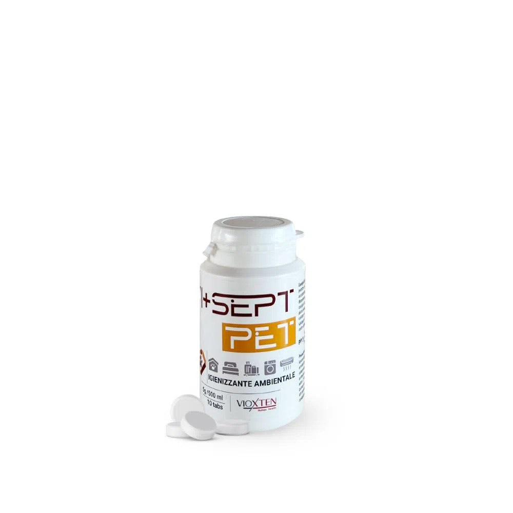 VI+Sept Pet. 10/50 compresse per 5g, nebulizzatore 500 ml. Igienizzante per allevamenti e Ambienti Domestici. Inodore • assorbe Gli odori • Testato su Tigna, parvovirus e allergeni. (10 compresse)