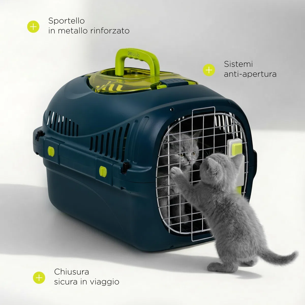 SAFY Trasportino Rigido per Gatti e Cani fino a 5 kg per Auto, Ventilato, Facile da Pulire, con Apertura Superiore per Controllo, Maniglia, Porta in Metallo con Doppia Sicura e Ciotola Inclusa