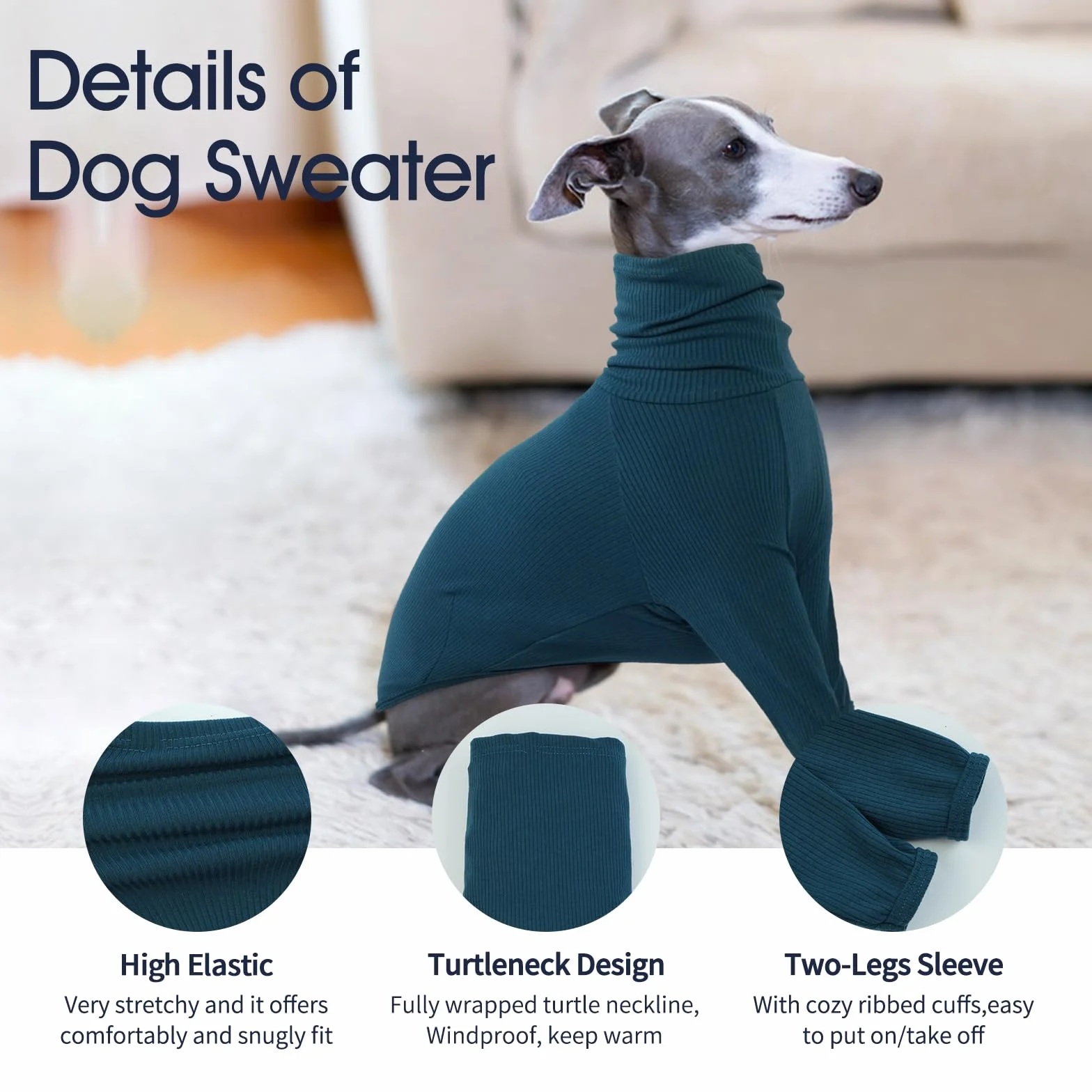 IECOii Maglione Whippet, maglione a collo alto levrieri per cani di piccola taglia, felpa per levrieri italiani, tuta per cani per Lurcher, pigiama leggero e accogliente per levrieri elasticizzato per