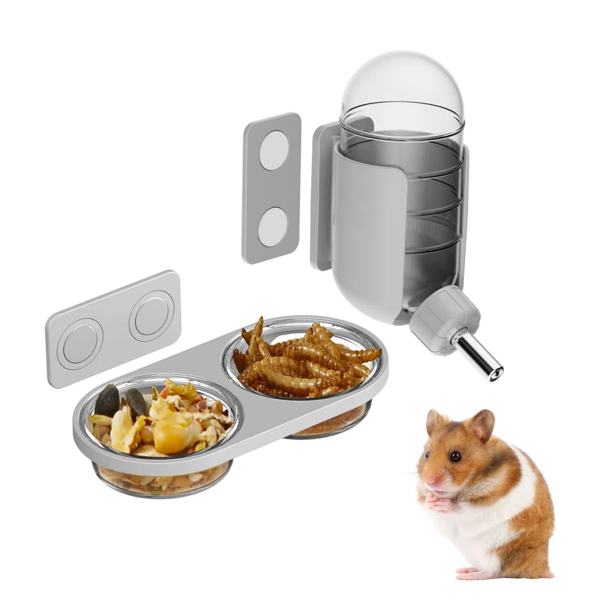 Set Magnetico per Alimentazione Roditori con Bottiglia d'Acqua & Ciotola per Terrari in Vetro Criceto Dorato Degù (Grigio, Montaggio magnetico)