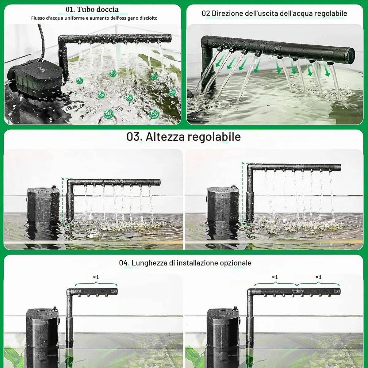 AQQA Filtro per acquario, 4 en 1, pompa filtro per acquario, 450 l/h, filtro interno regolabile per serbatoio fino a 120 l (12 W)