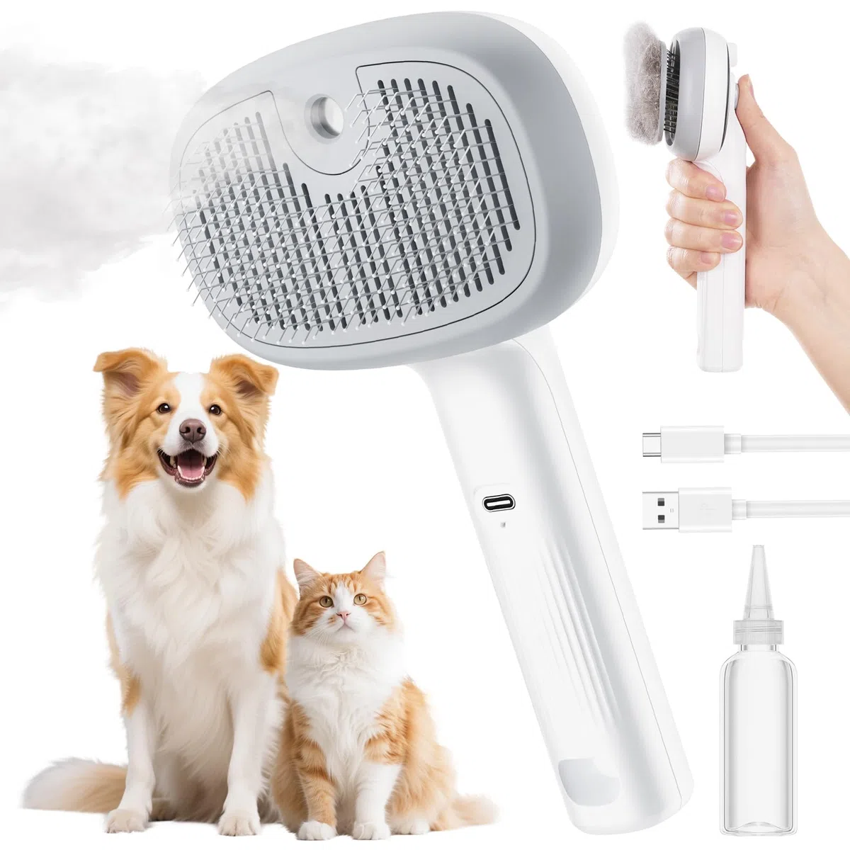 pecute Spazzola a Vapore per Gatti, Spazzola a Vapore per Cani, Funzione Nebbia Densa e Nebbia Fine, Non Riscalda, Epilazione con un Clic, Peli Lunghi e Corti, Antistatico, Visibile, Bianco