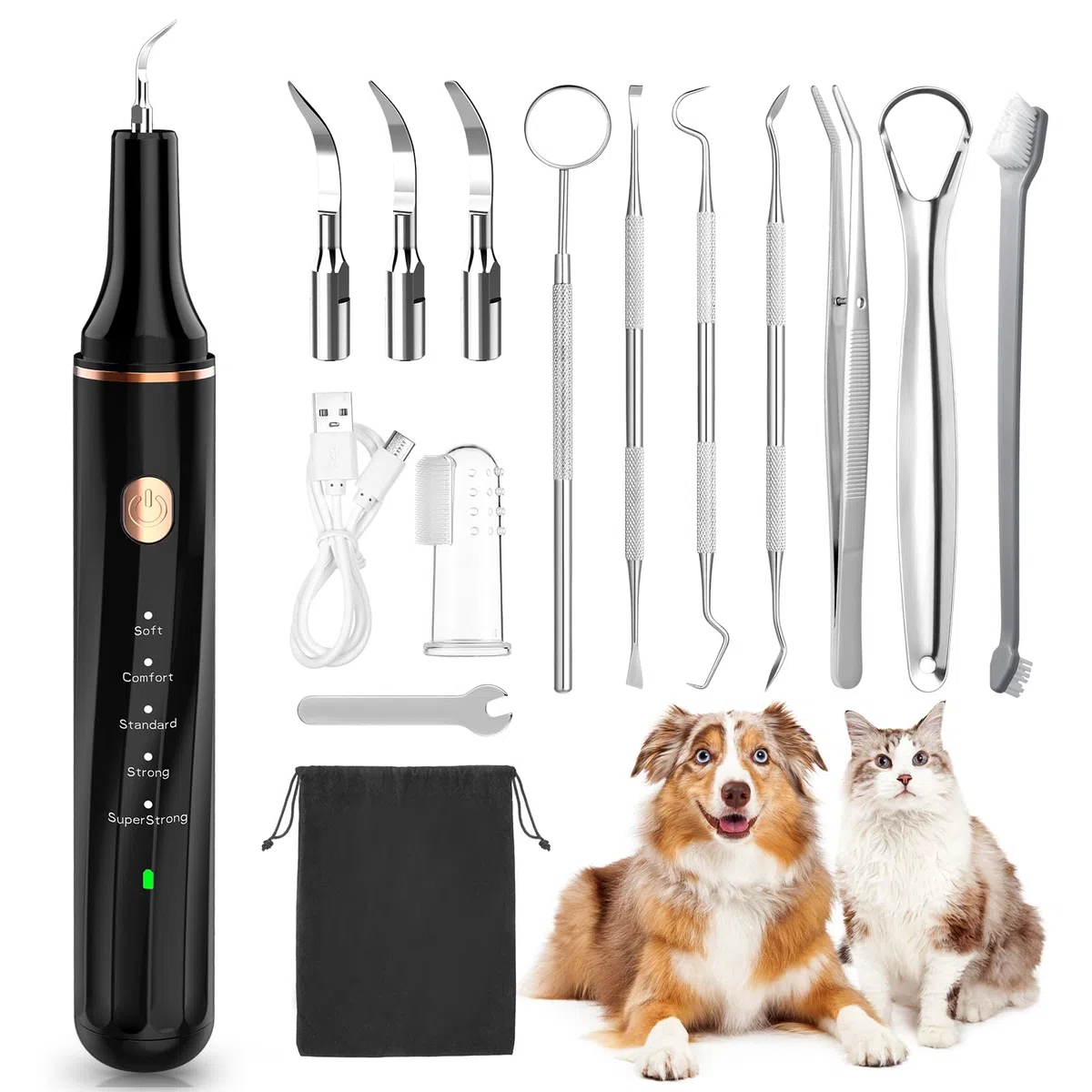 Kit Pulizia Denti Cane 14-in-1 - Spazzolino Ultrasuoni Cani con Luce LED, 5 Modalità di Spazzolino Denti Cane, USB Ricaricabile Spazzolino per Cani
