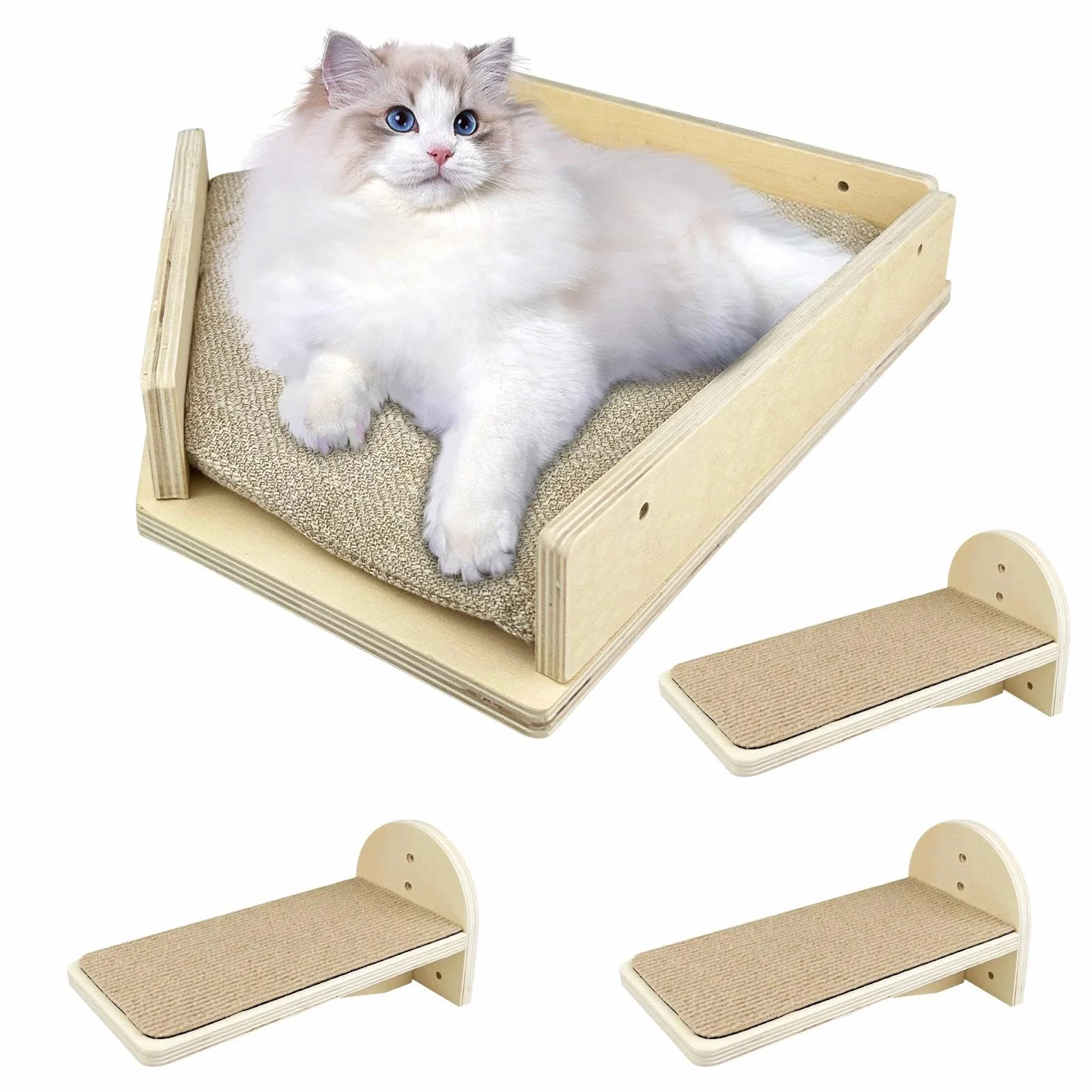 Set da 4 Amaca Gatti, Scala Parete Arrampicata, Mensole di Mobili per Arrampicarsi e Giocare(Vero Legno)
