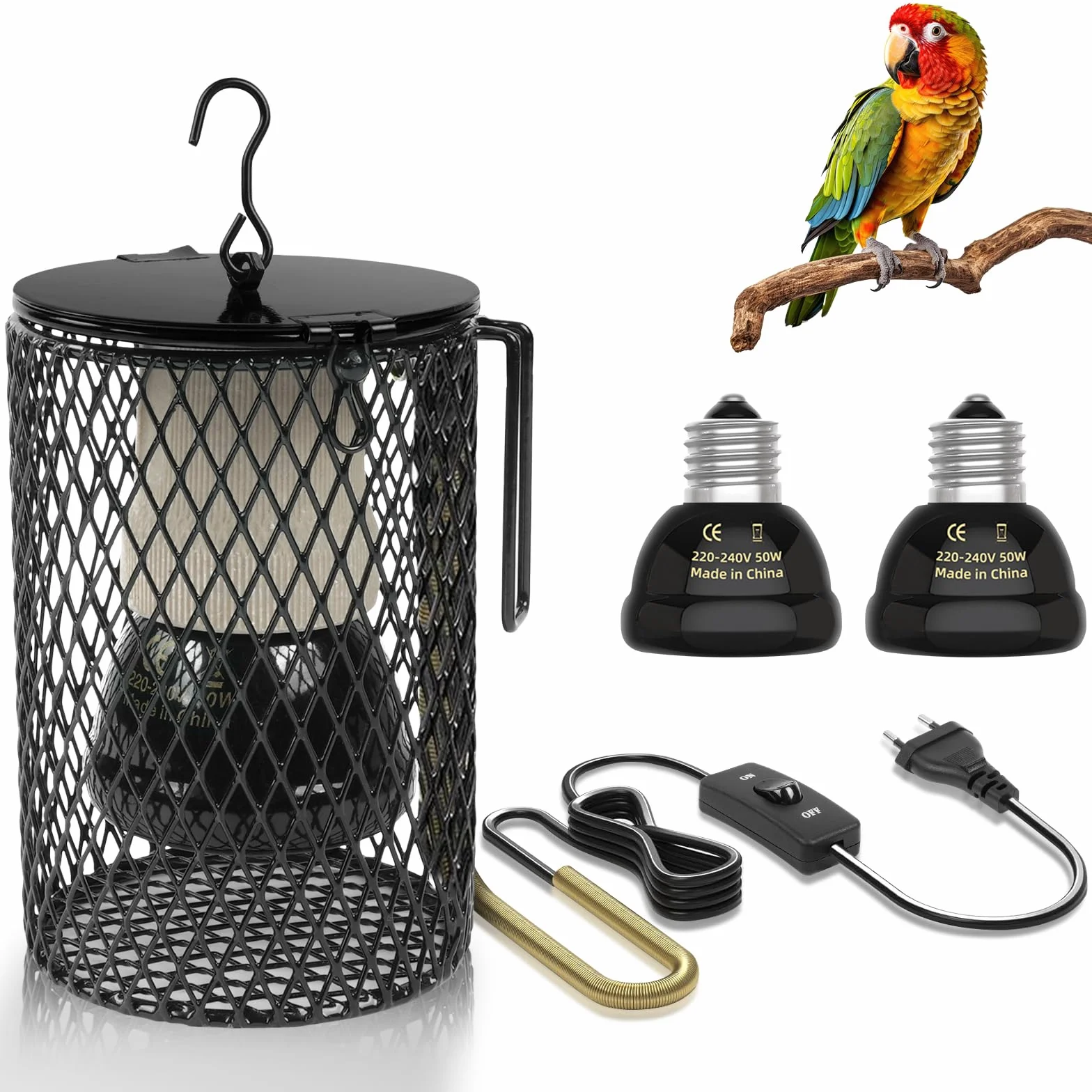 Lampada termica per tartarughe, lampada termica per rettili con cestino protettivo, confezione da 2 lampade termiche in ceramica con supporto base, temperatura regolabile, per rettili, tartarugh