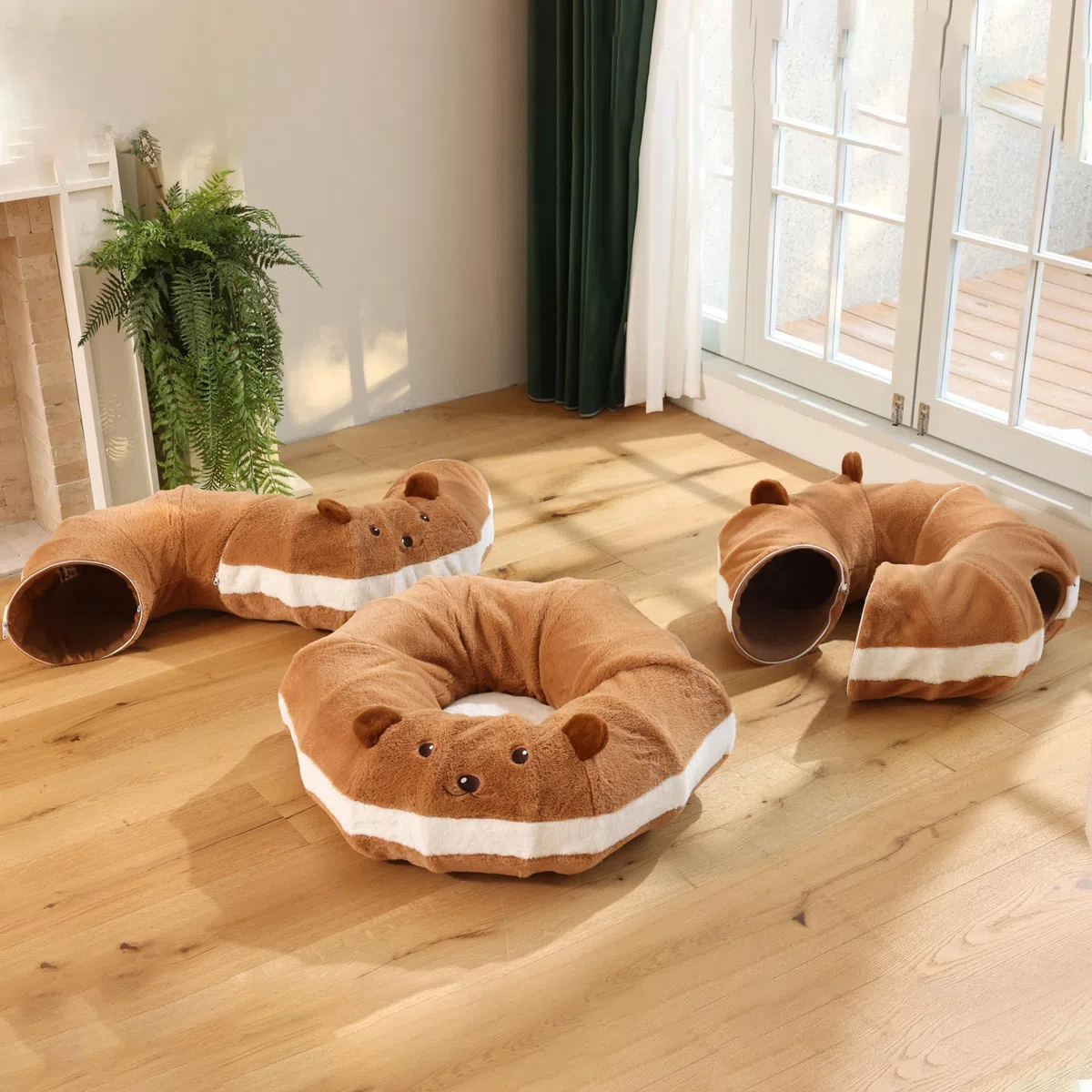 FUKUMARU Tunnel per Gatti,Cuccia Pieghevole XL Con Orecchie di Carta Increspata,Cuscino Lavabile,Tunnel Rotondo a Forma di Ciambelle per Animali Domestici,Giocattolo per Gattini e Conigli,