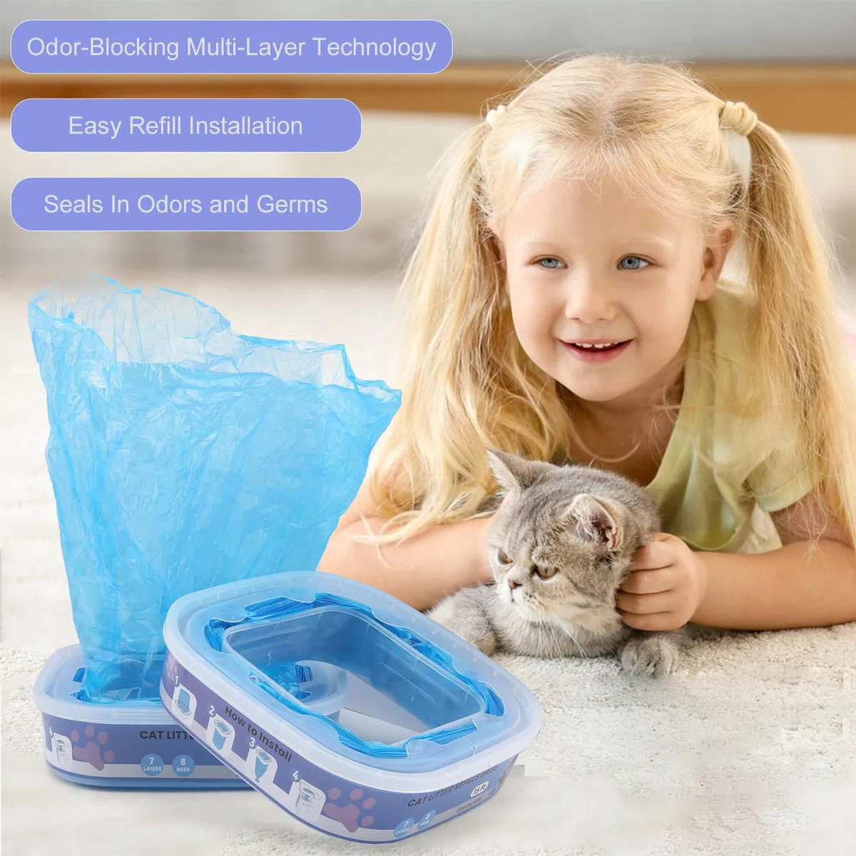 10 sacchetti di ricarica per lettiera per gatti,compatibili con i modelli Litter Genie Standard,Plus,XL e Style,Sacchetti di ricambio per lettiera per gatti,con potente azione deodorante,colore blu