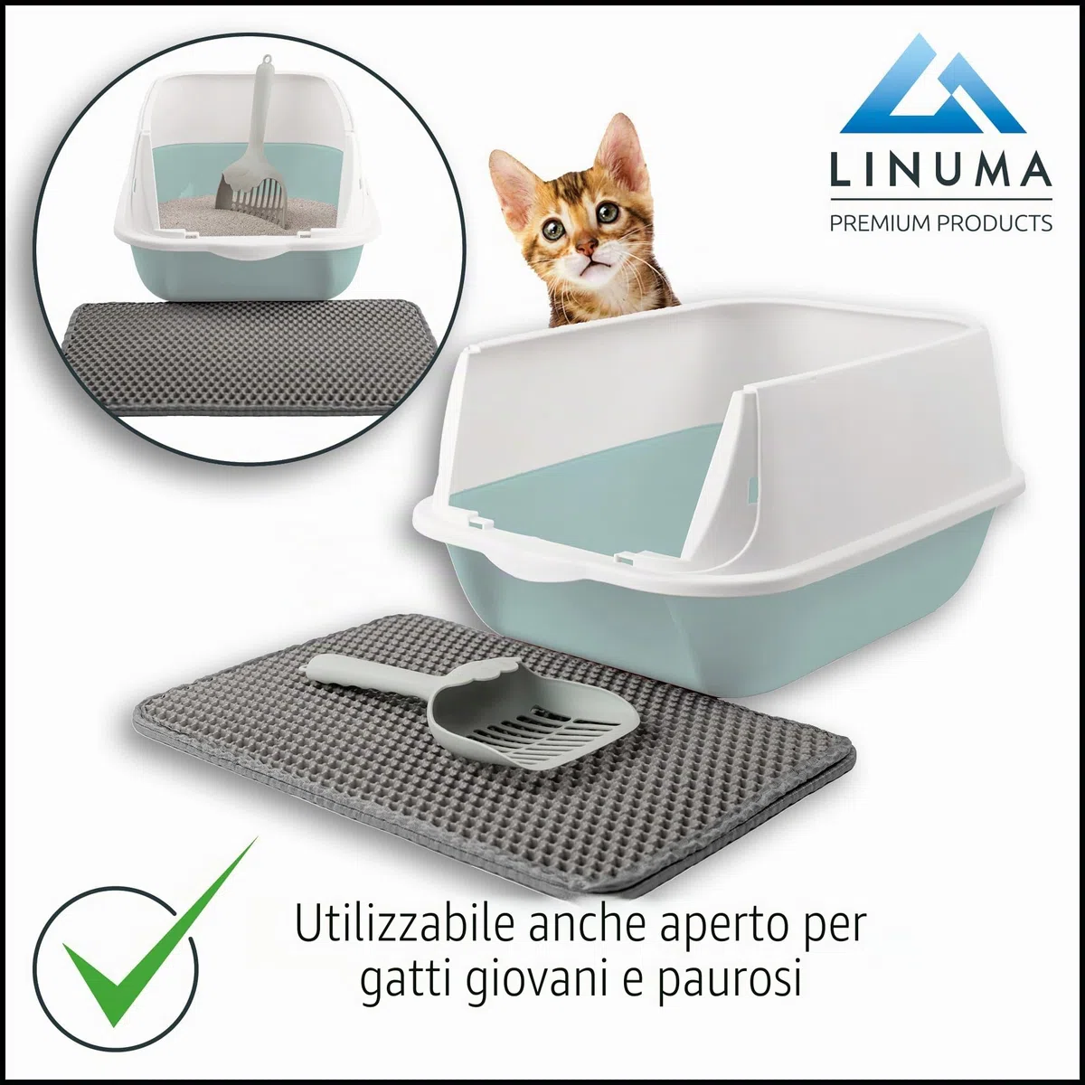 Lettiera per gatti con tappetino per lettiera e pala per gatti, lettiera per gatti, lettiera con coperchio, lettiera per gatti e gatti, colore: verde menta
