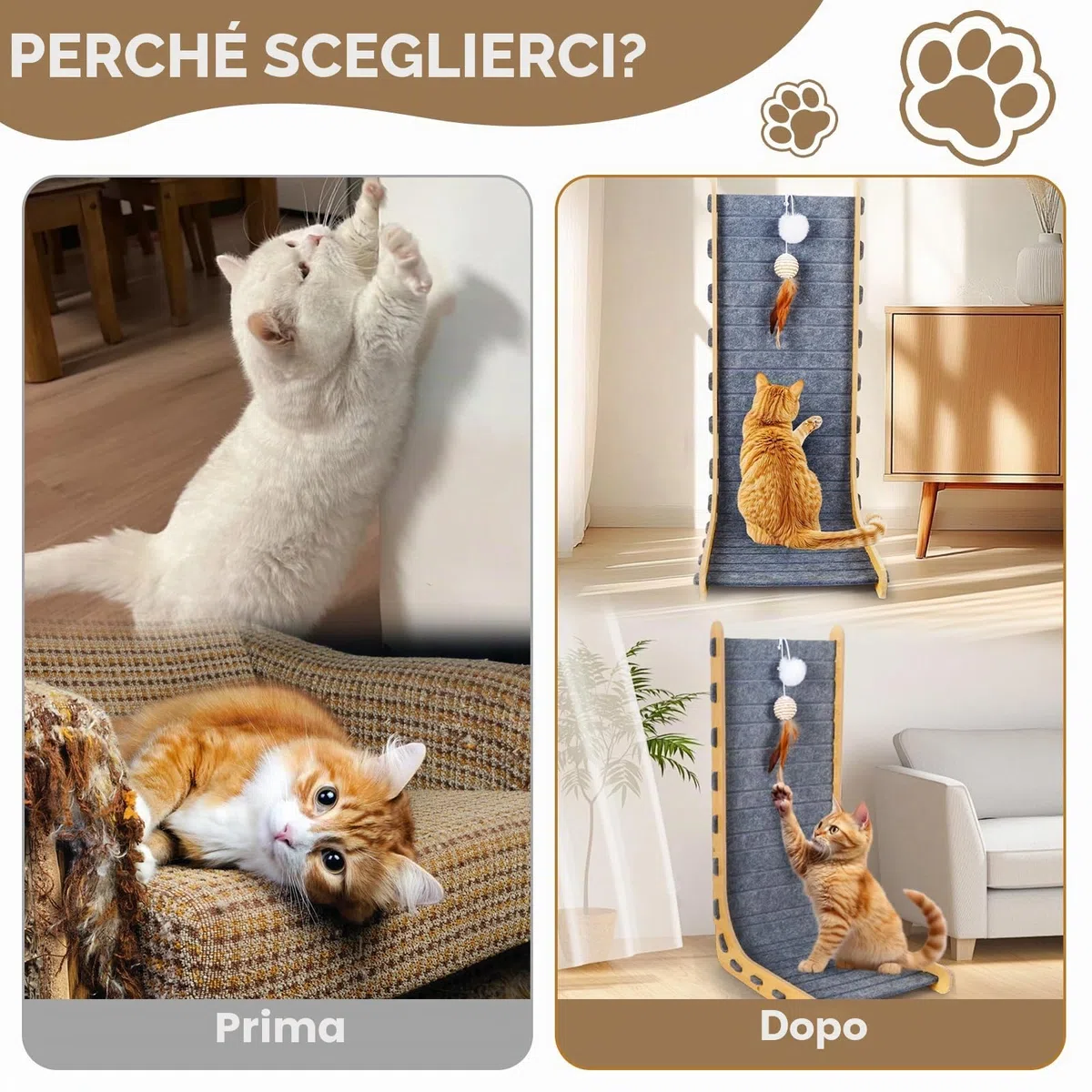 Tiragraffi per gatti, a forma di L, in feltro e legno, con campanella a sfera, resistente, per proteggere le pareti dei mobili, grigio