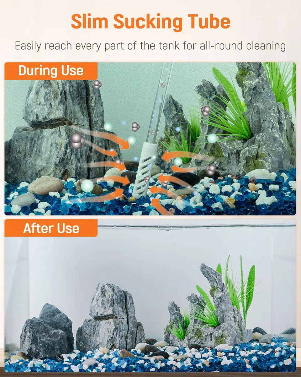Pawfly Kit Pulitore Acquario, Sifone per Cambio Acqua con Tubo Lungo e Spazzola, Aspirapolvere Manuale per Ghiaia, Lavasabbia per Acquari da 38L