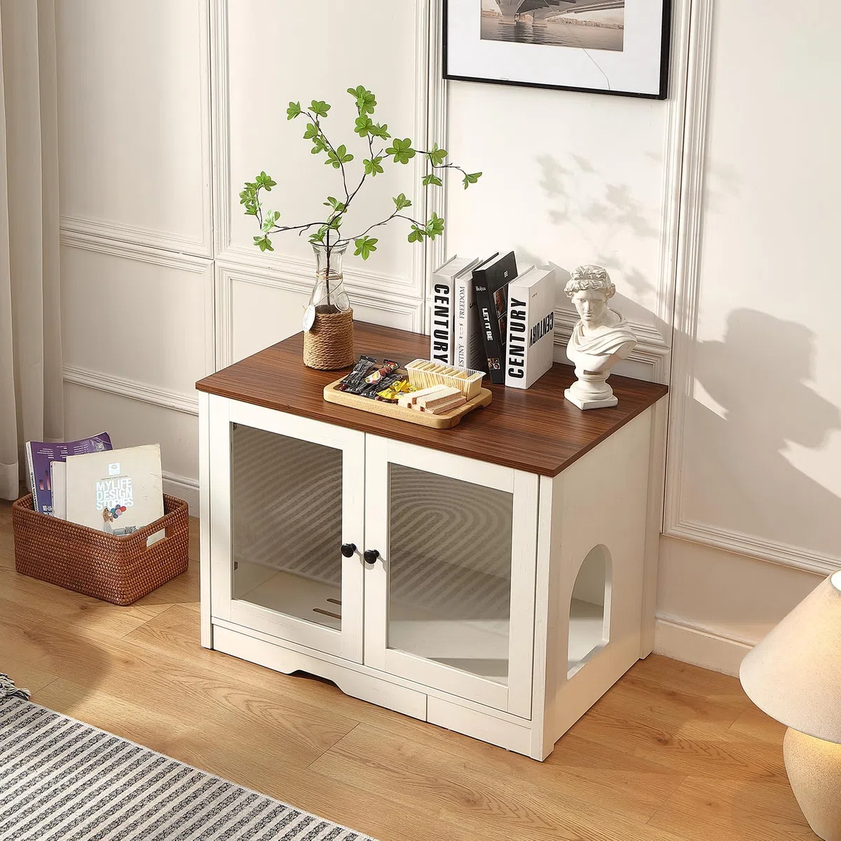 FOREST GRAVITY Cat Cabinet Litter Box Small Armadietto per gatti Lettiera Piccoli mobili per Lettiera Moderna 82 * 58.5 * 53 cm Casa per gatti con porta e divisorio separato Bianco Antico