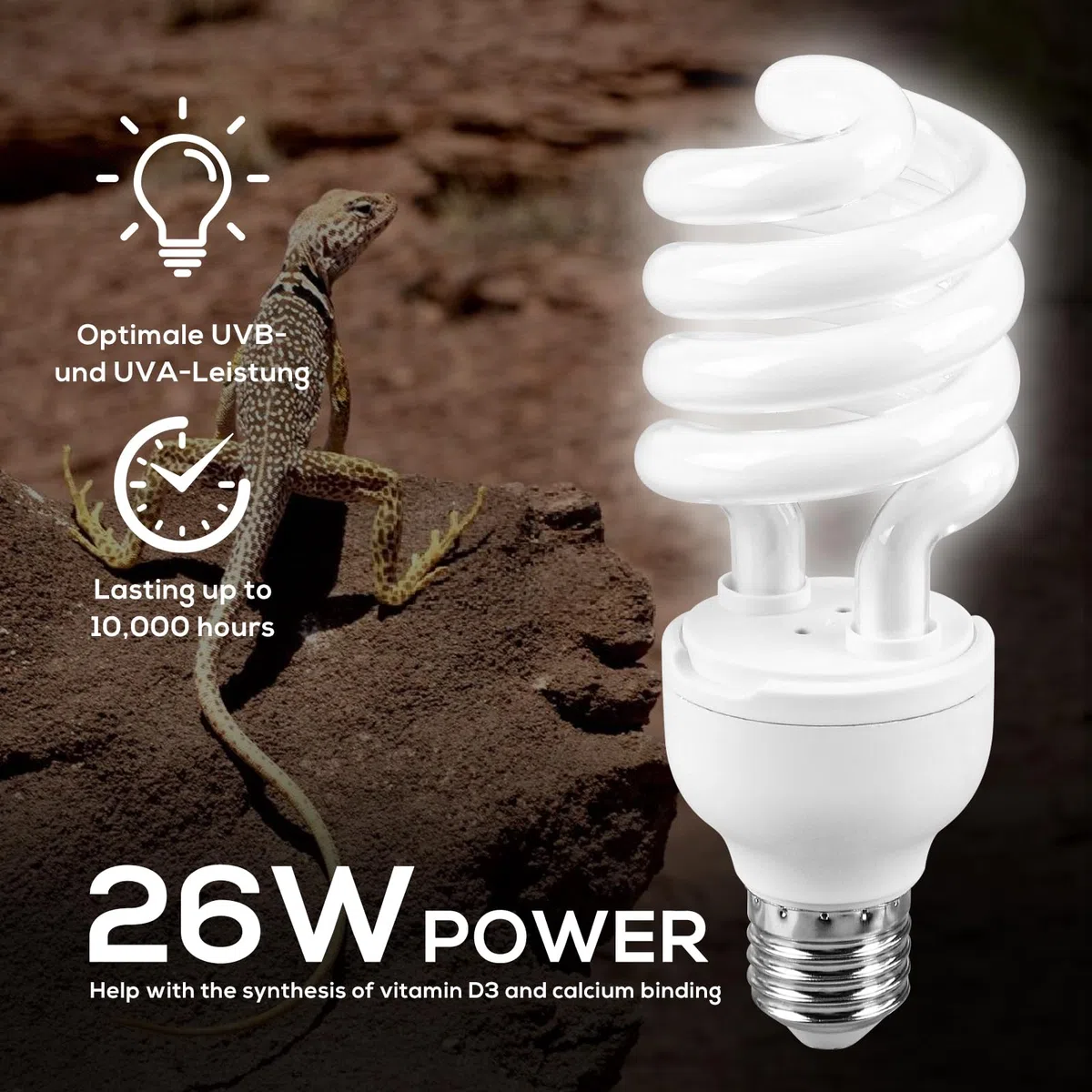 PORFOYO Lampada UVB, 26w 10.0 UVB Reptile Light, Luce UVB Per Rettili, UVB Per Tartarughe, 220V Animal Lampada UVB, Per Lucertole, Serpente, Camaleonte, Draghi Barbuti