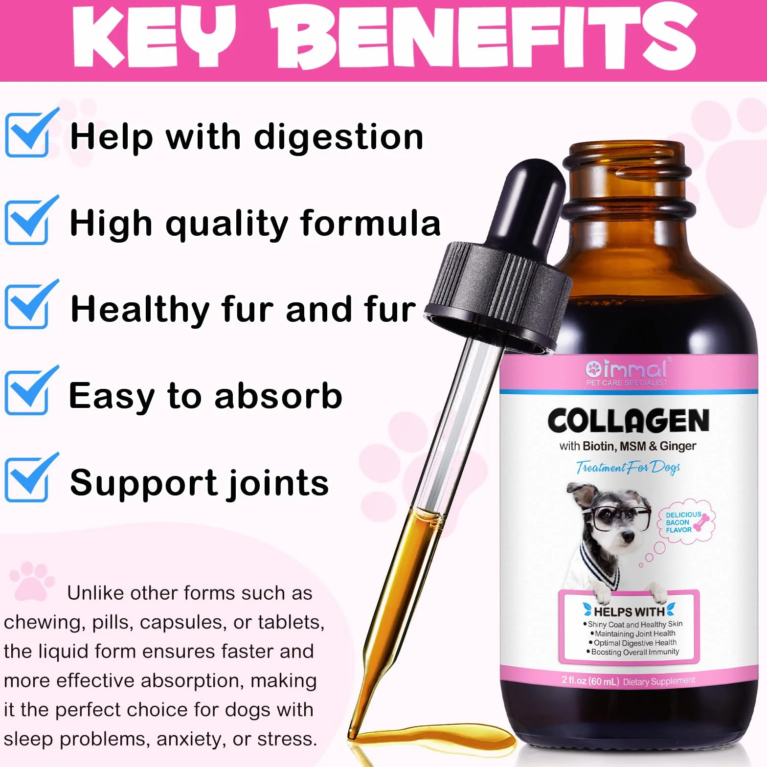 Collagene per Cani, Gocce di Collagene per Cani 60 Ml, Potenziamento del Collagene, Ricco di Biotina, Aiuta La Salute della Pelle, delle Articolazioni E Dell'Apparato Digerente (1pcs, Bacon)
