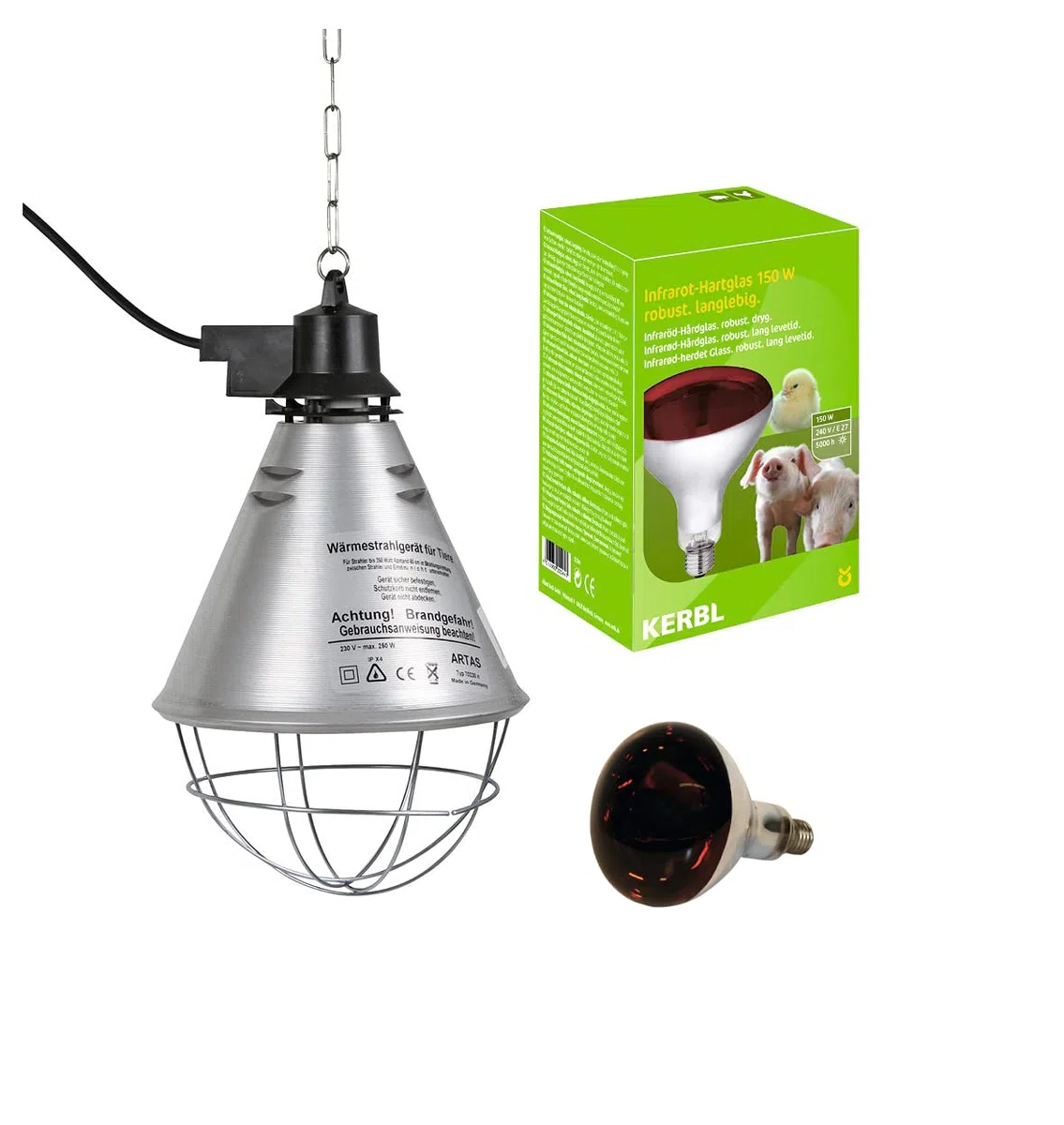 Kerbl - Kit Lampada a Raggi Infrarossi Riscaldante da 250 W + Riflettore Portalampada con Griglia di Protezione, Catena per Il Fissaggio e Cavo da 2.5m