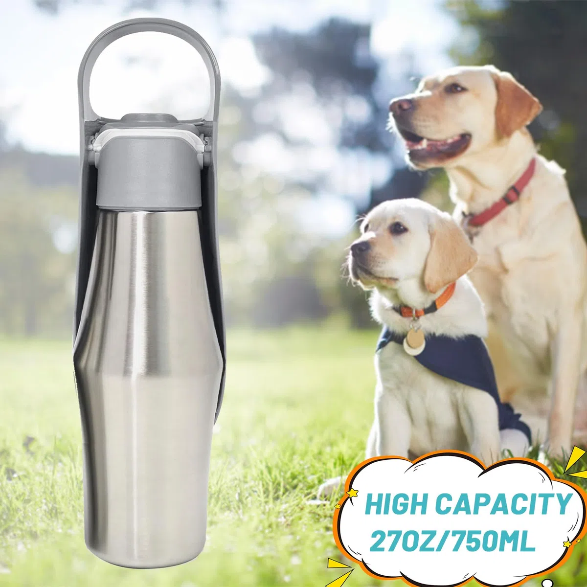 ZoneYan Borraccia Portatile per Cani 750 ml, Dispenser Acqua da Viaggio, Erogatore in Acciaio Inox a Prova di Perdite (Grigio)