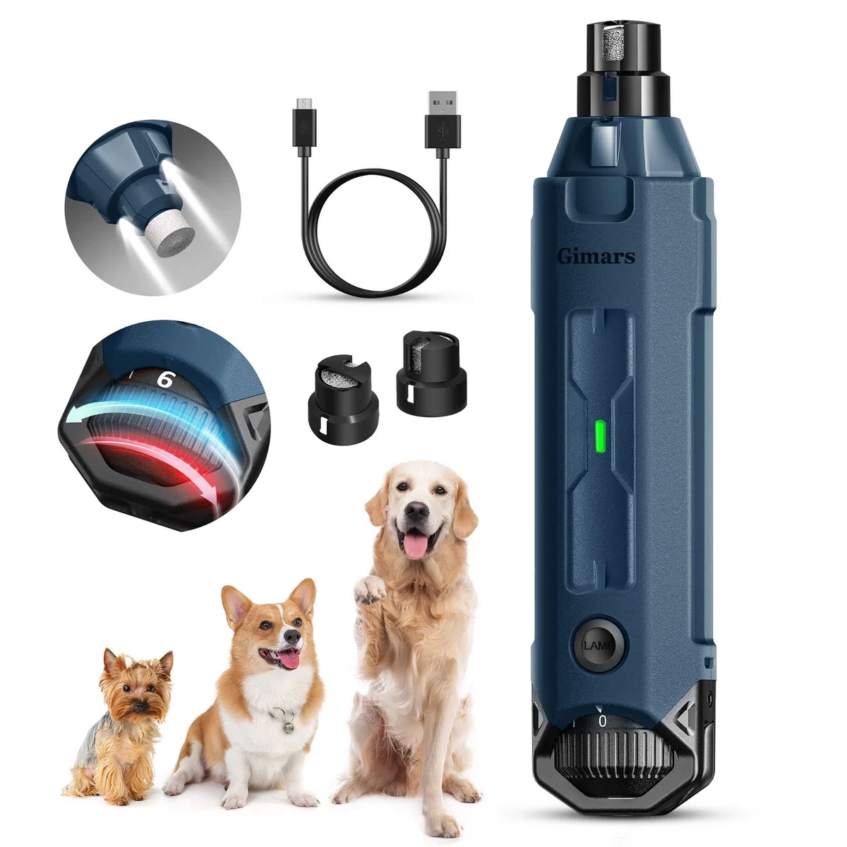 Gimars Lima Unghie Cani 6 velocità Tagliaunghie per Cani Elettrico Tagliaunghie Unghie Cani con Luce LED Ricaricabile Lima per Unghie Cane per Animali con USB 3 Porte